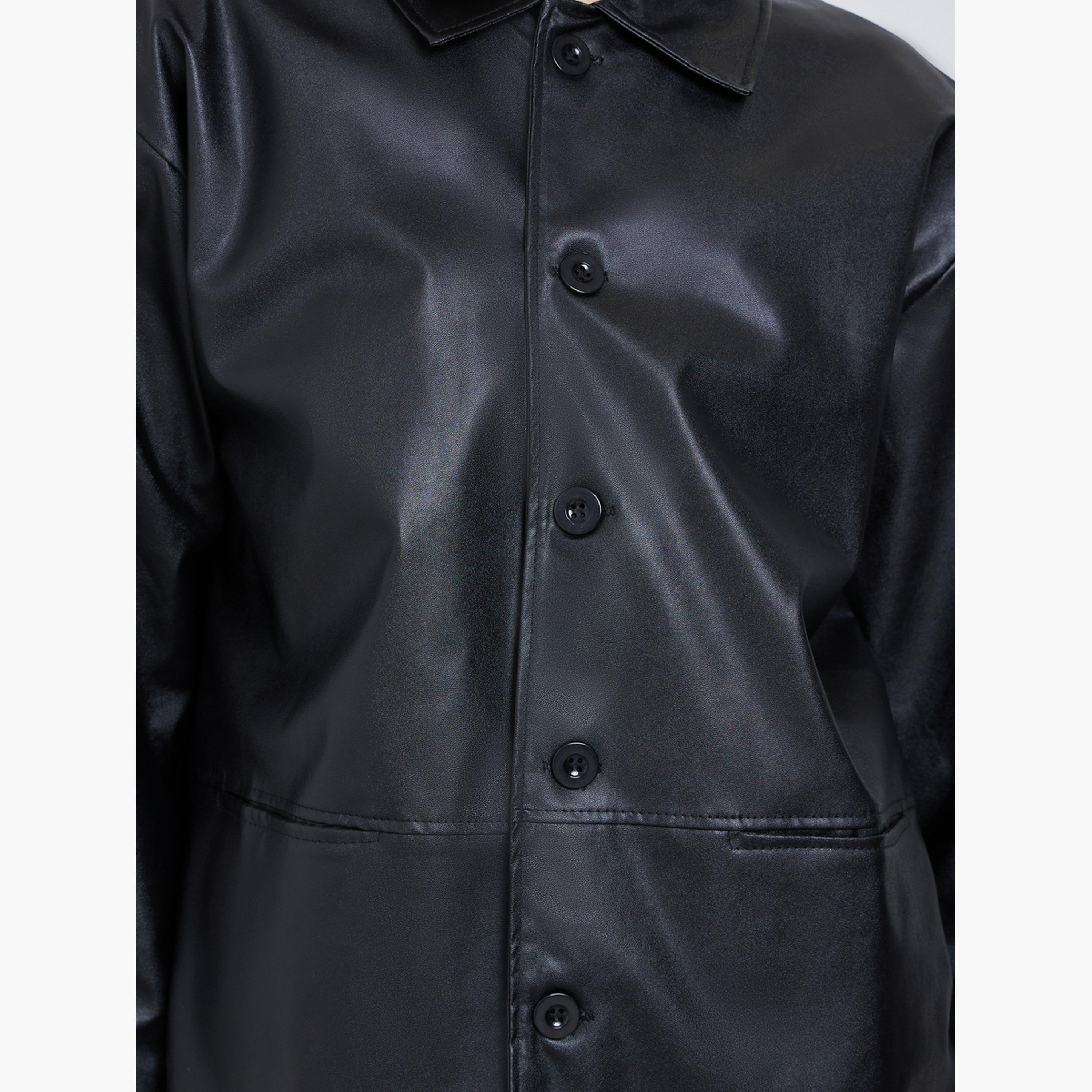 Styli Women Black Oversized Longline PU Shacket-women-winterwear-coatsandjackets-jackets-image-5