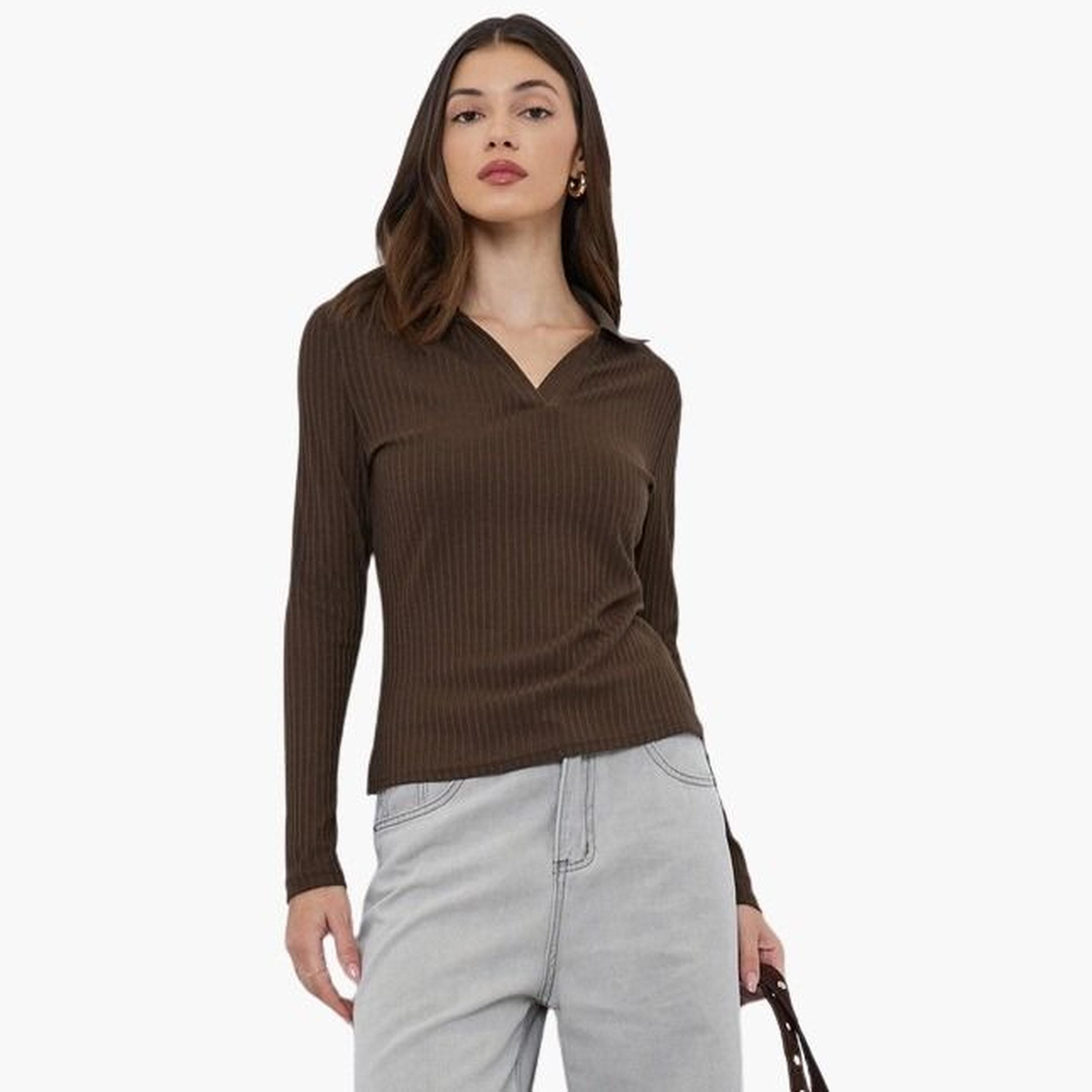 Styli Women Brown Textured Knit Top with Open Collar-women-clothing-tshirts-image-1