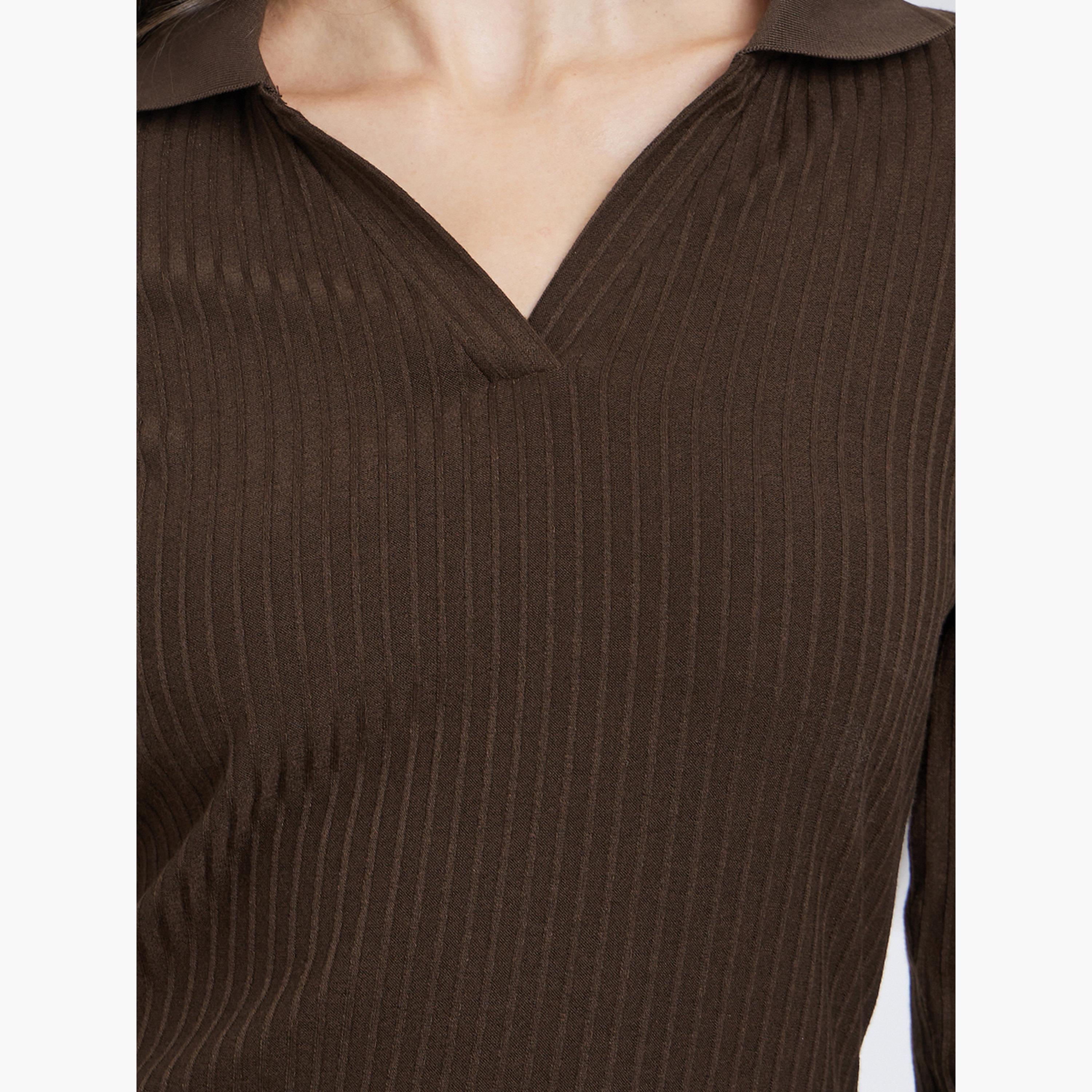 Styli Women Brown Textured Knit Top with Open Collar-women-clothing-tshirts-image-3