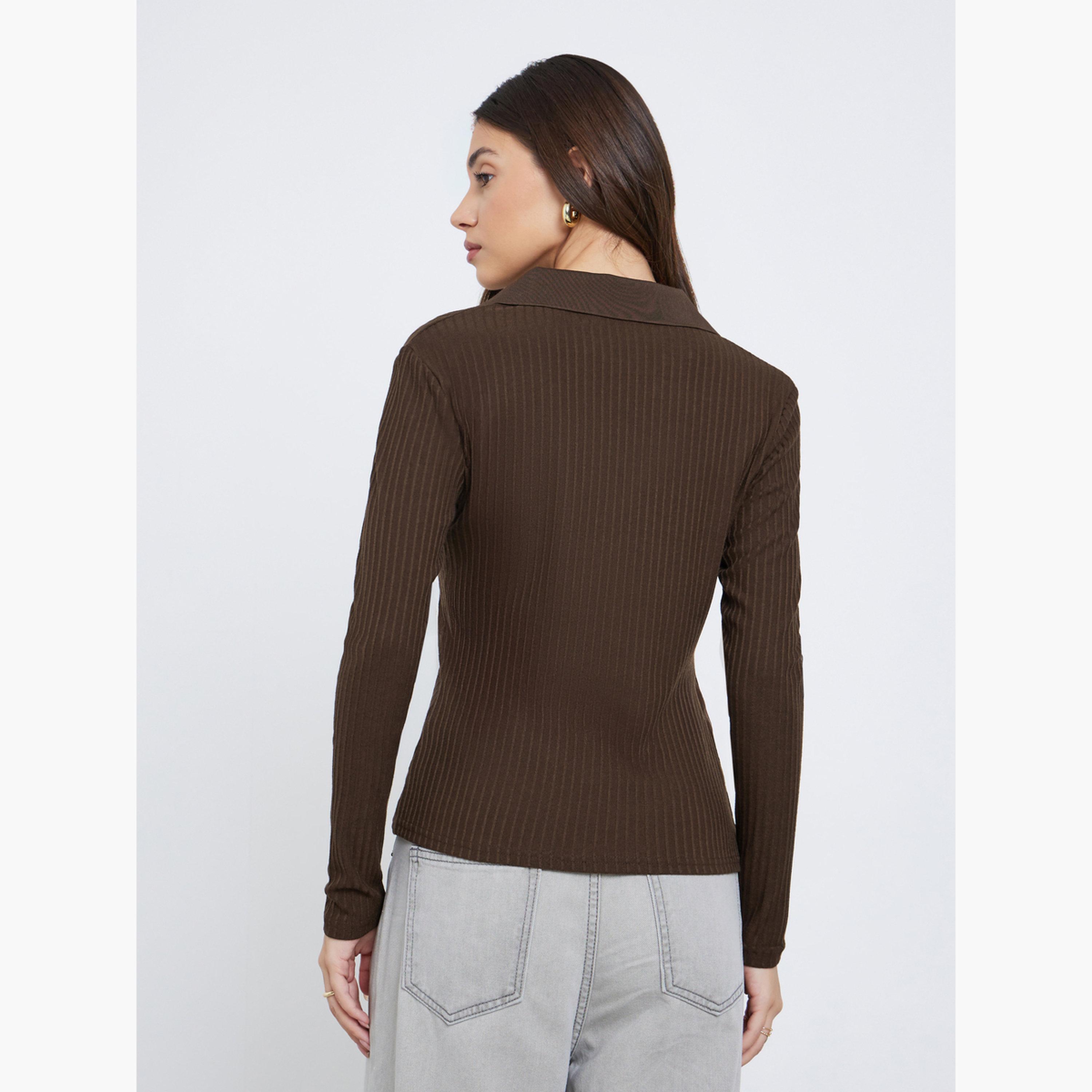 Styli Women Brown Textured Knit Top with Open Collar-women-clothing-tshirts-image-4
