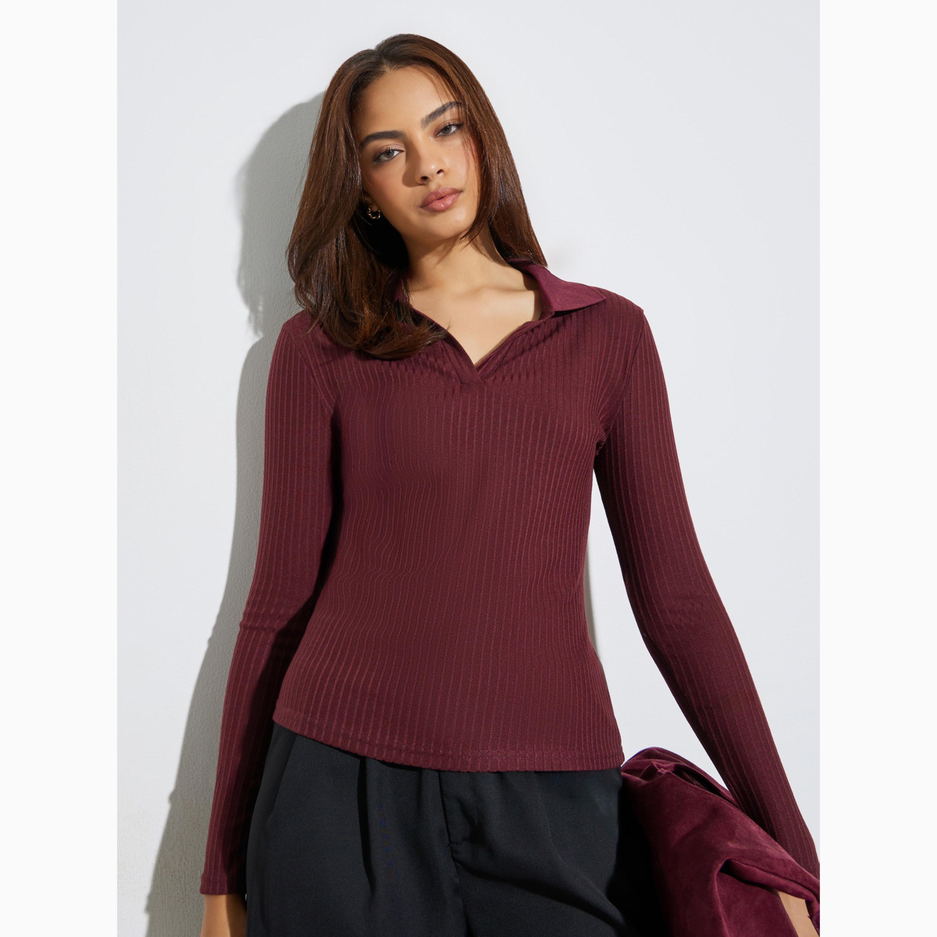 بلوزة محبوكة وبتفاصيل بارزة الملمس بياقة مفتوحة بورغندي-women-clothing-tshirts-image-1