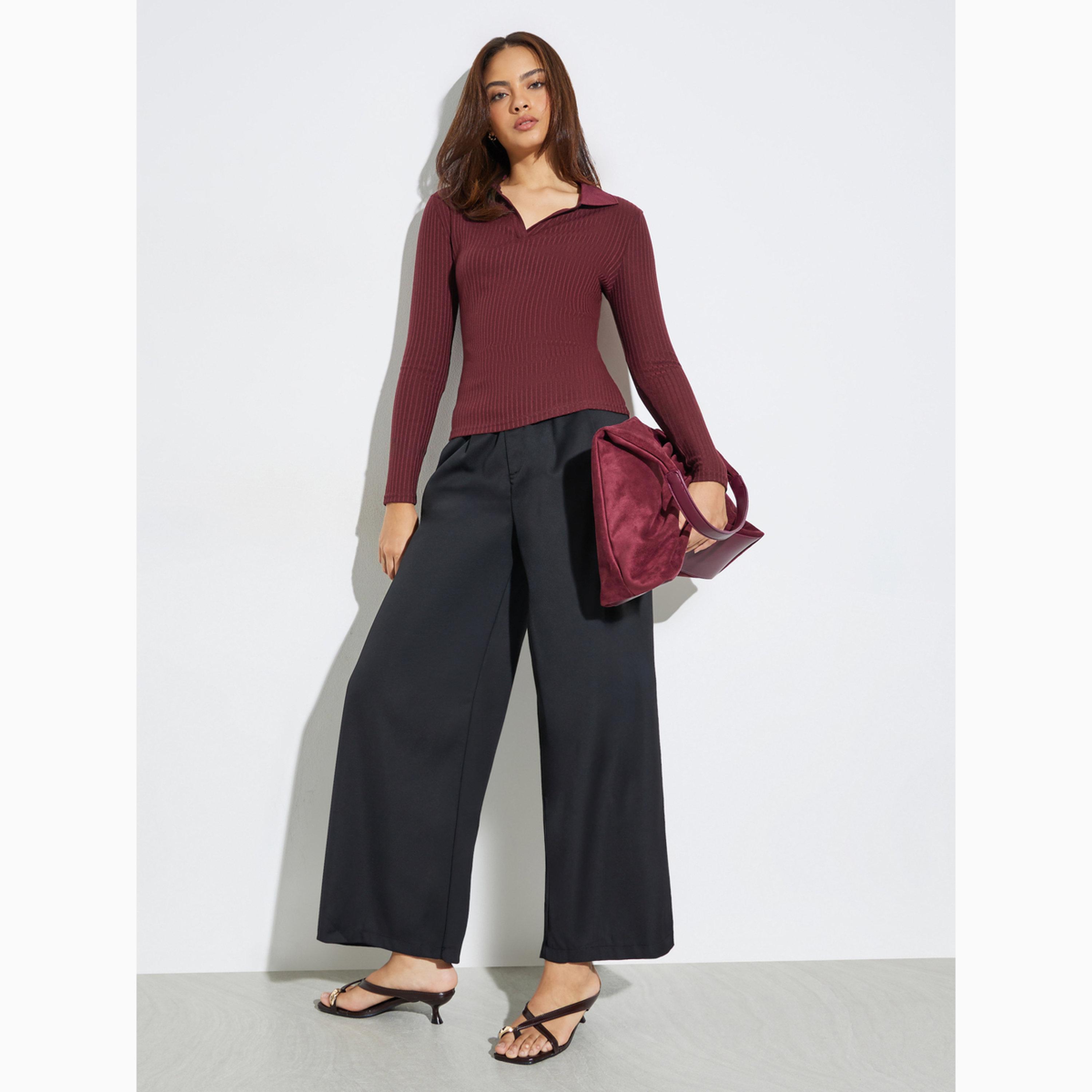 Styli Burgundy Textured Knit Top with Open Collar-women-clothing-tshirts-image-2