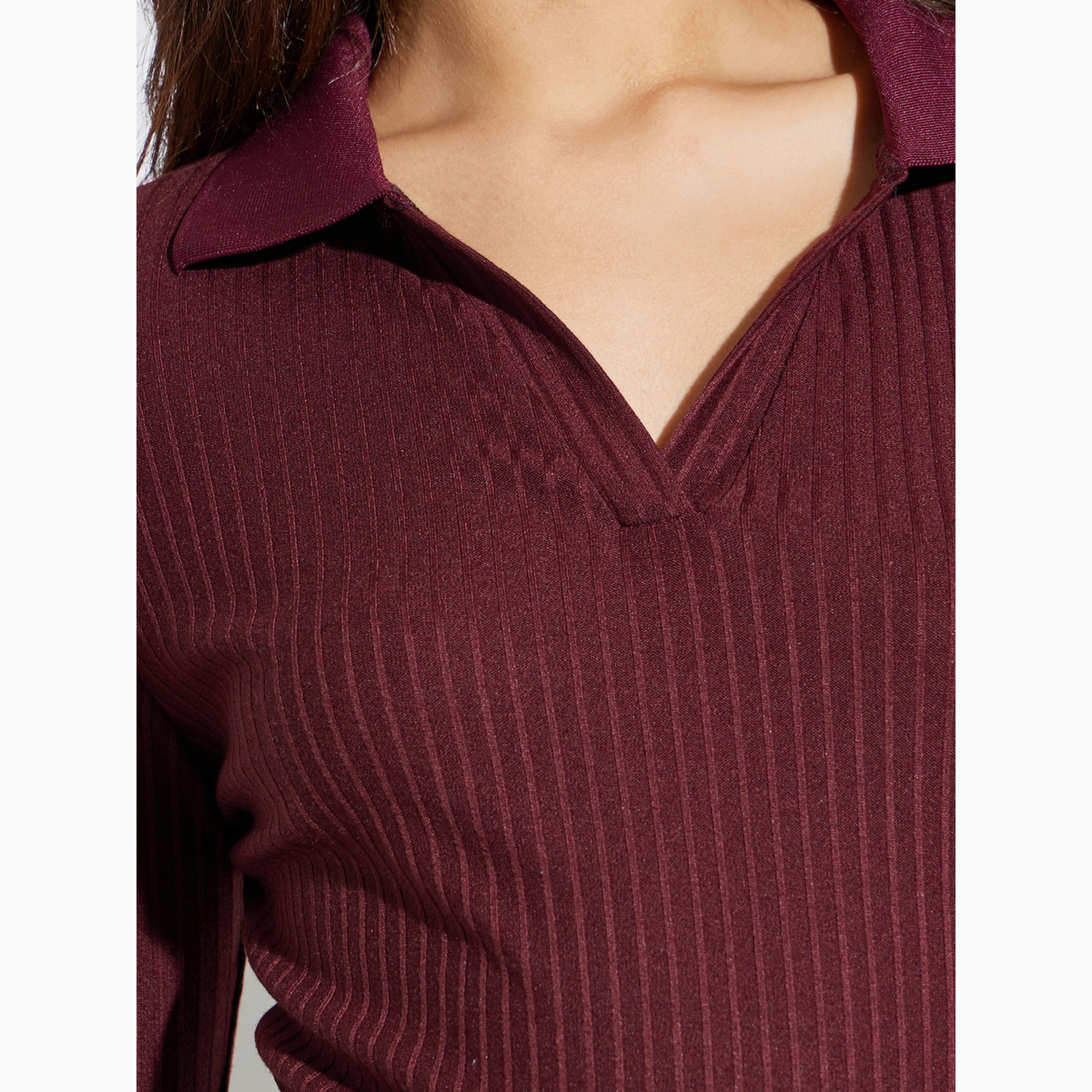 بلوزة محبوكة وبتفاصيل بارزة الملمس بياقة مفتوحة بورغندي-women-clothing-tshirts-image-3