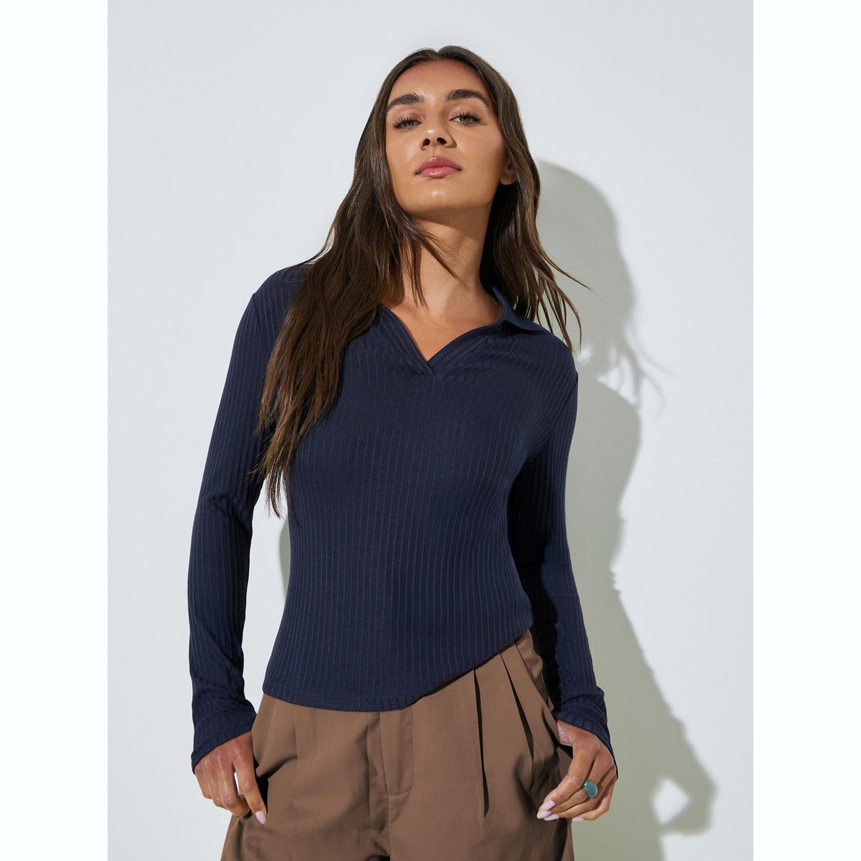 Styli Navy Blue Textured Knit Top with Open Collar-women-clothing-tshirts-image-1
