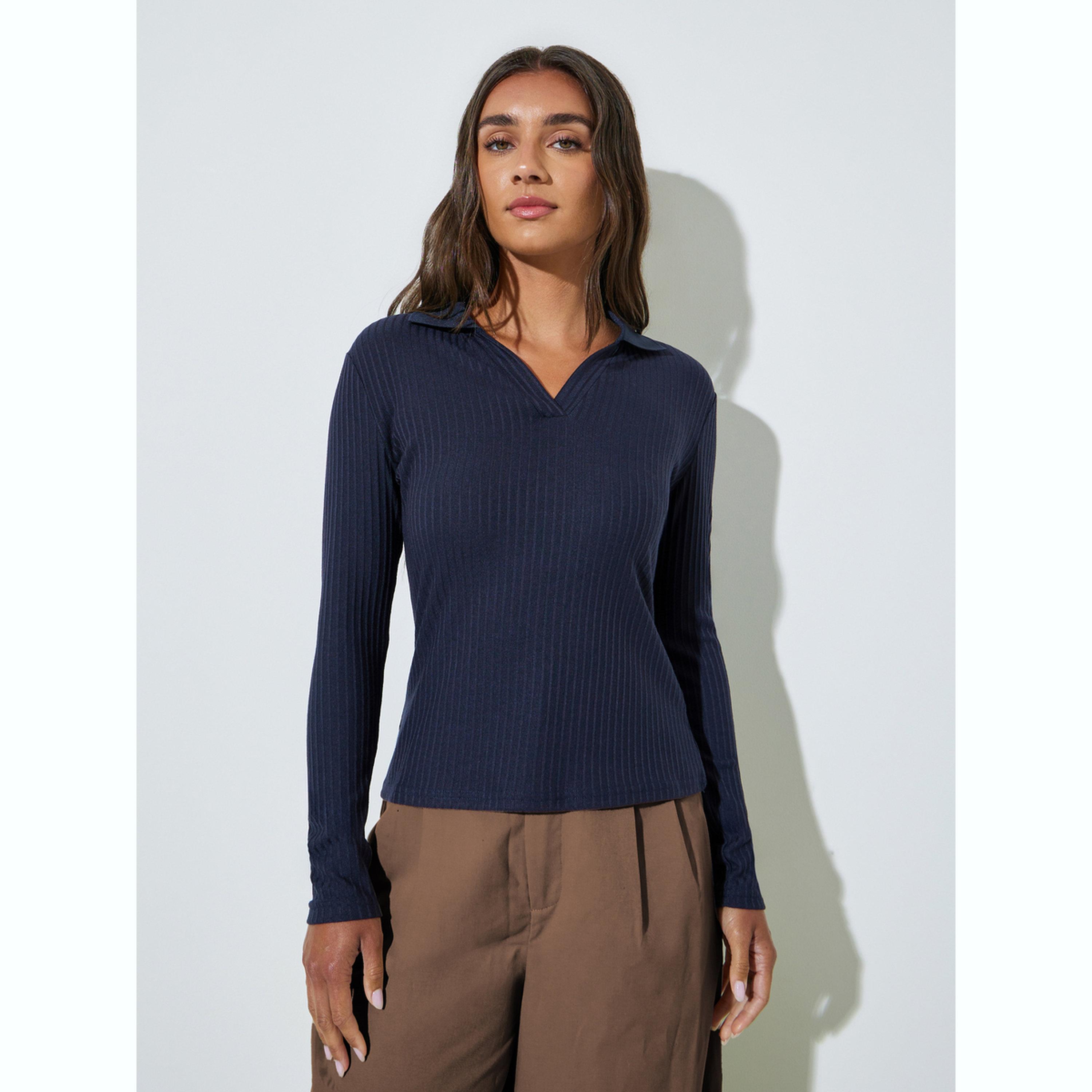 Styli Navy Blue Textured Knit Top with Open Collar-women-clothing-tshirts-image-3