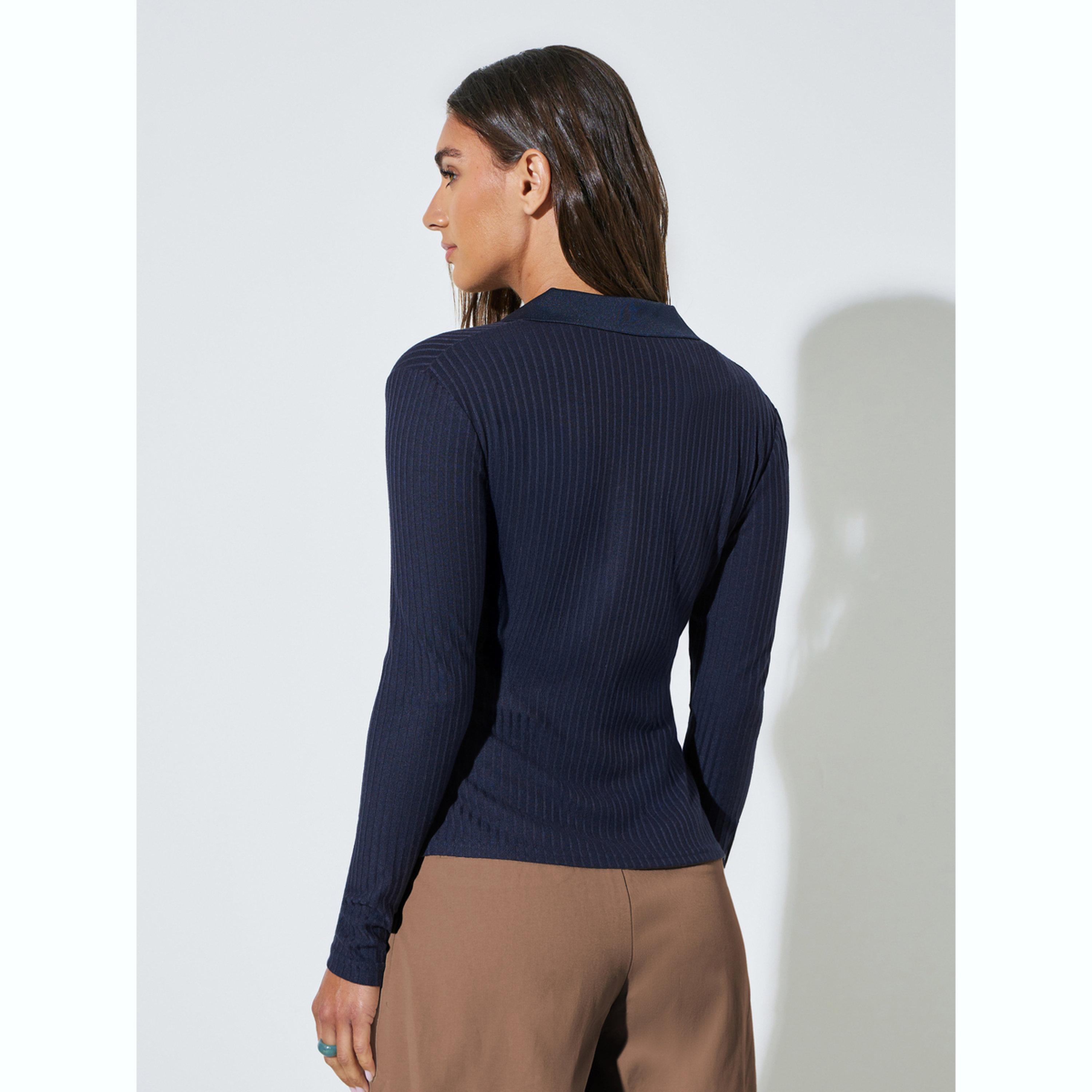 Styli Navy Blue Textured Knit Top with Open Collar-women-clothing-tshirts-image-4