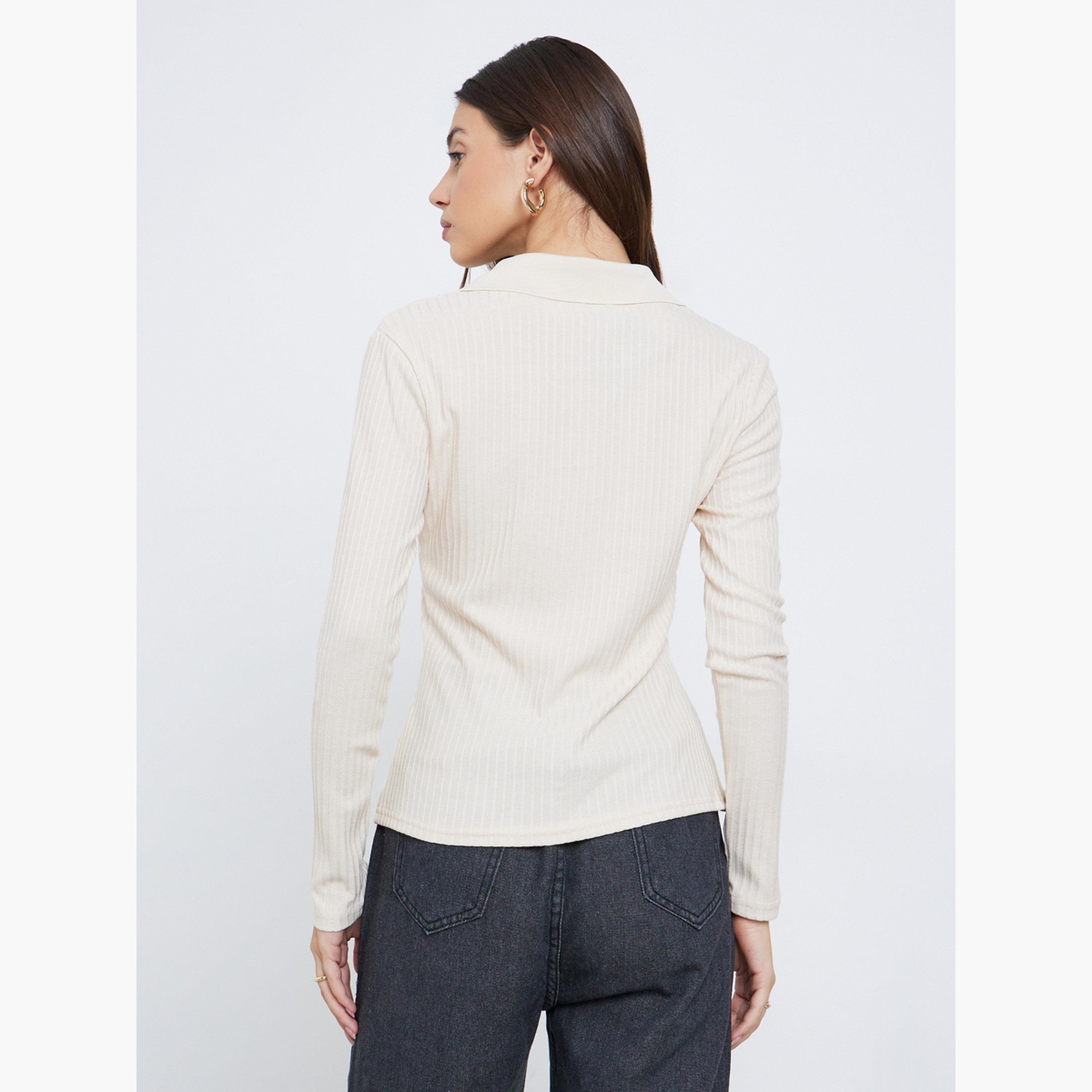ستايلي - بلوزة محبوكة لون أوف وايت مع ياقة مفتوحة للنساء-women-clothing-tshirts-image-5