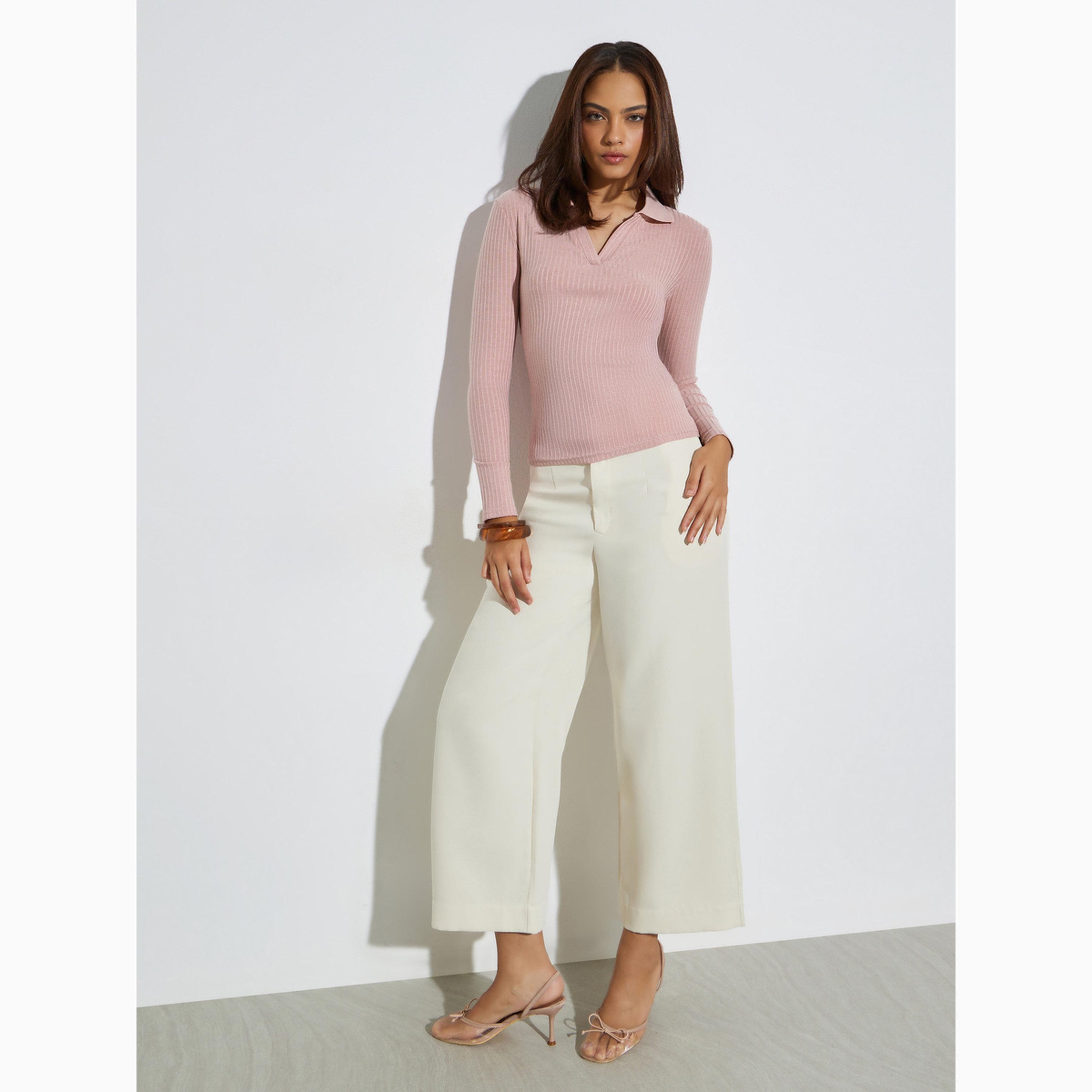 Styli Light Pink Textured Knit Top with Open Collar-women-clothing-tshirts-image-2