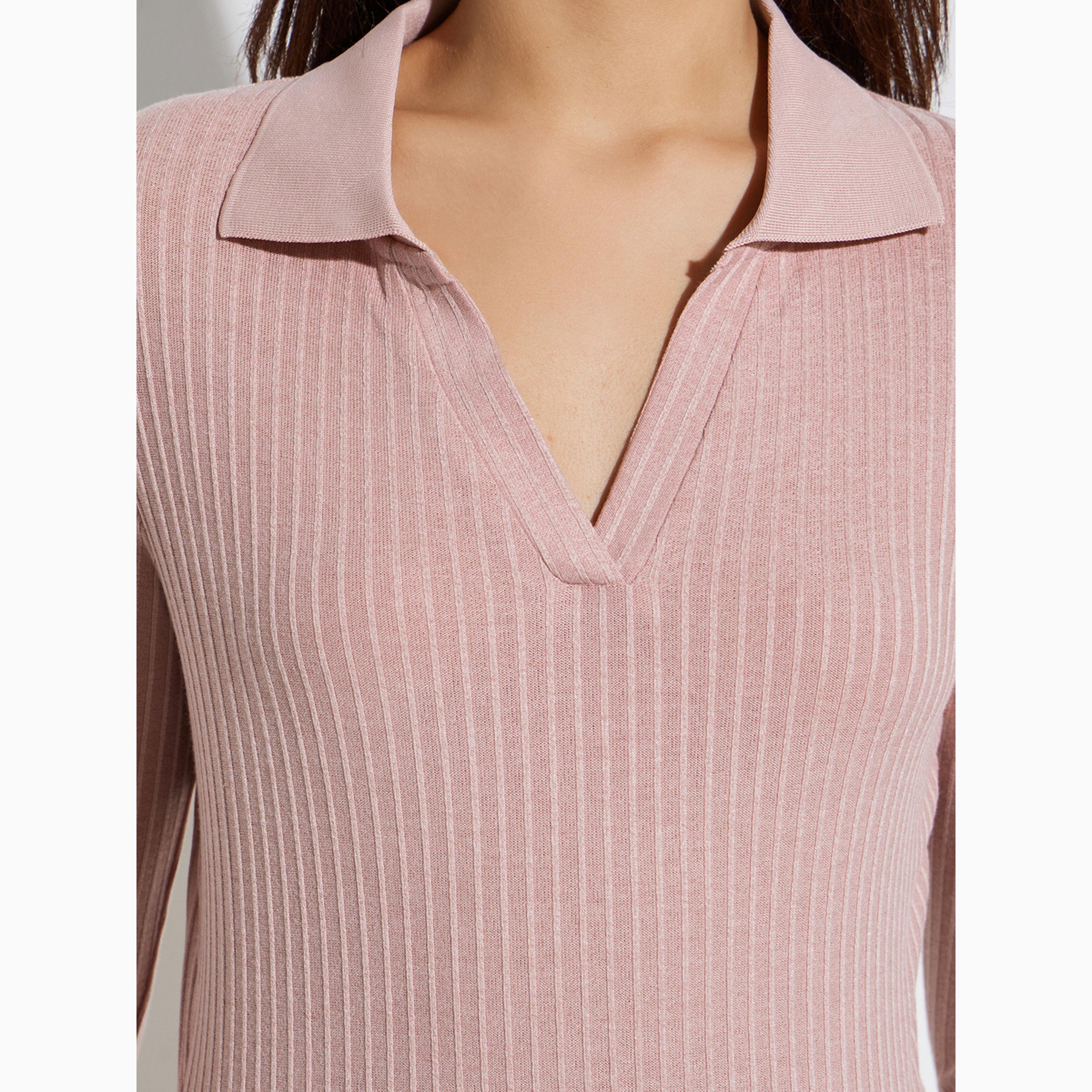 Styli Light Pink Textured Knit Top with Open Collar-women-clothing-tshirts-image-4