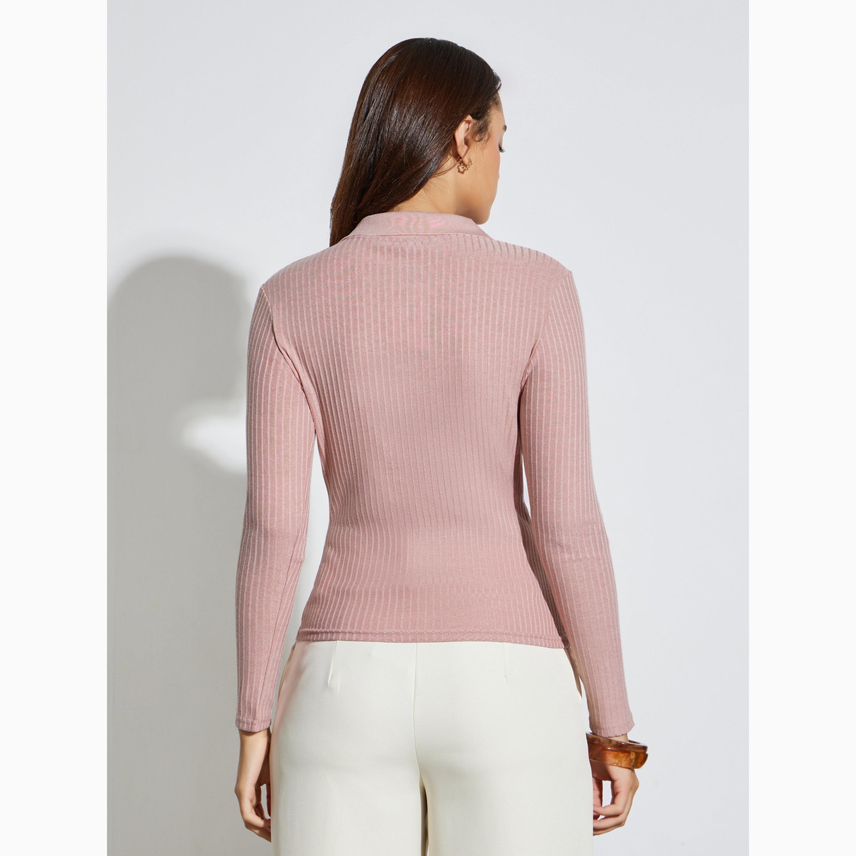 Styli Light Pink Textured Knit Top with Open Collar-women-clothing-tshirts-image-5