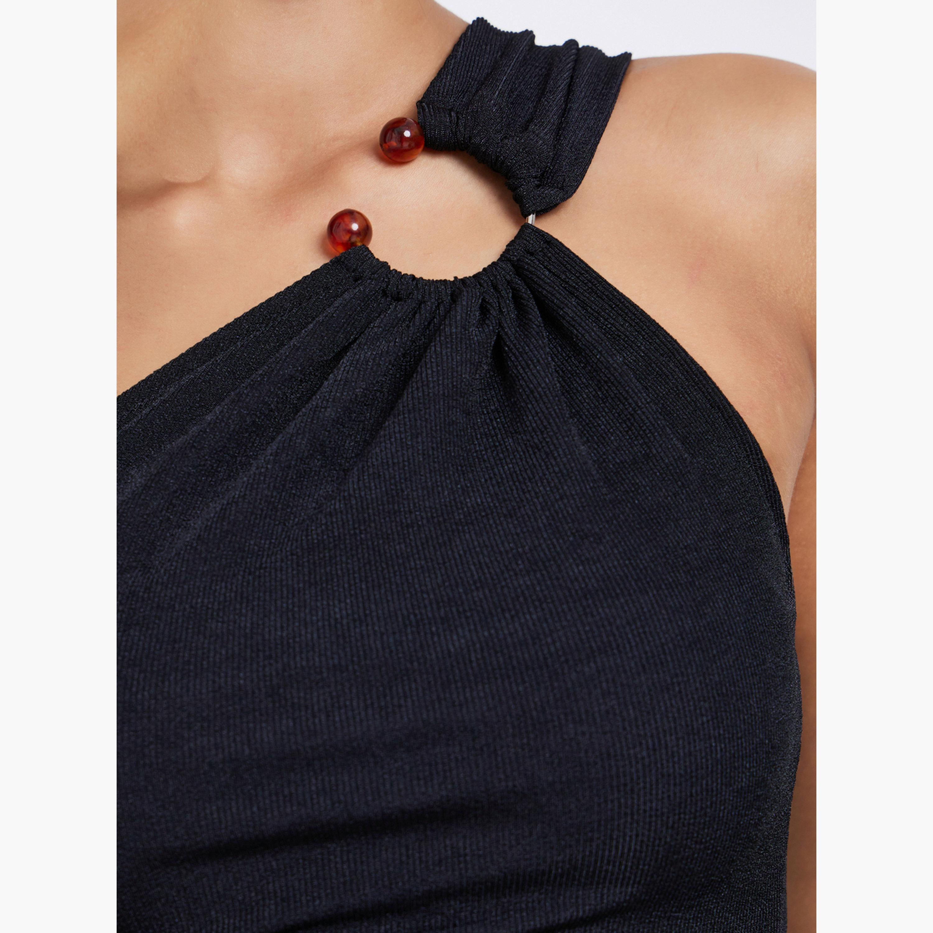 ستايلي - بلوزة سوداء محبوكة بكتف واحد مع تفاصيل حلقة-women-clothing-shirtsandblouses-shirts-image-4