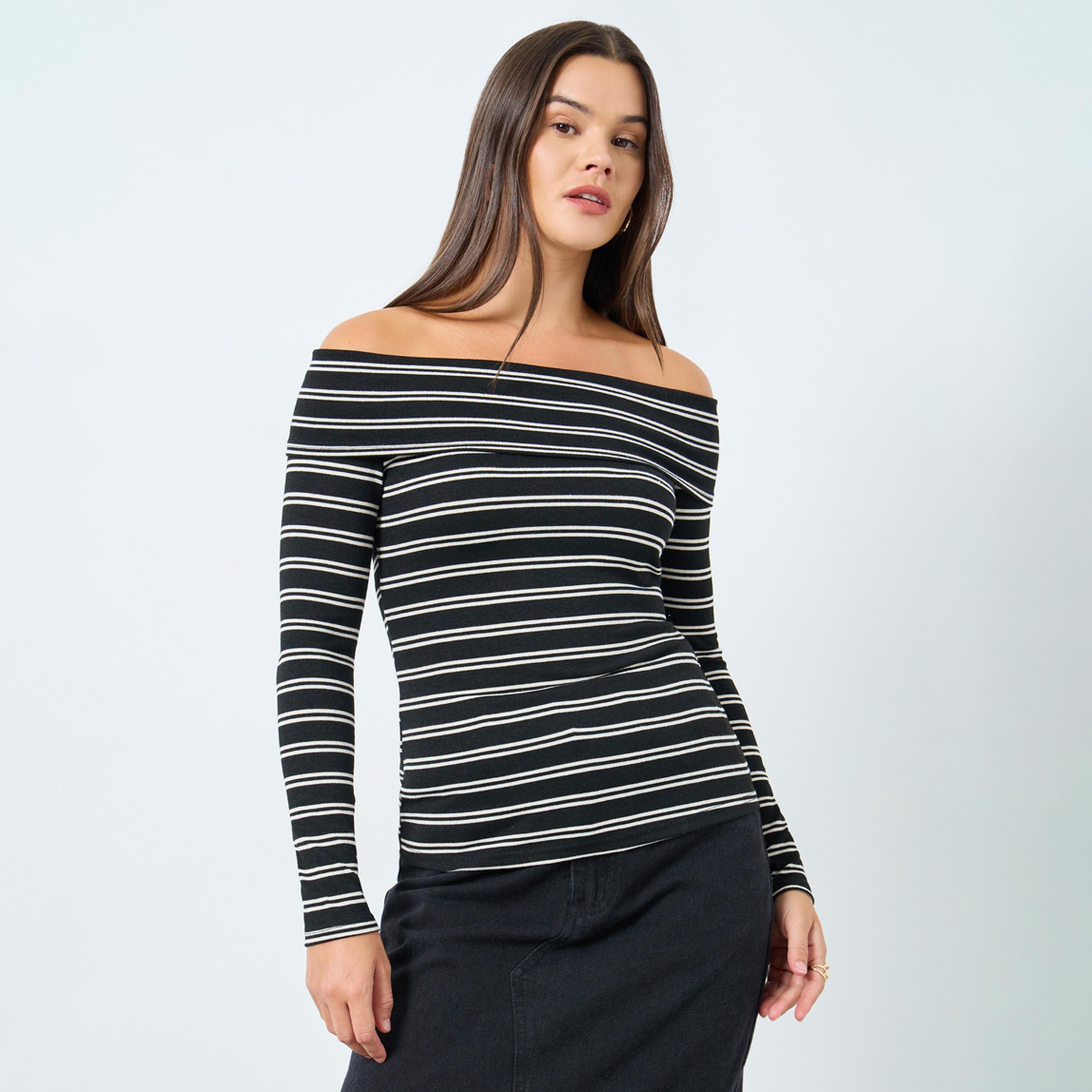 Styli Black Striped Off-Shoulder Knit Top-women-clothing-tshirts-image-1
