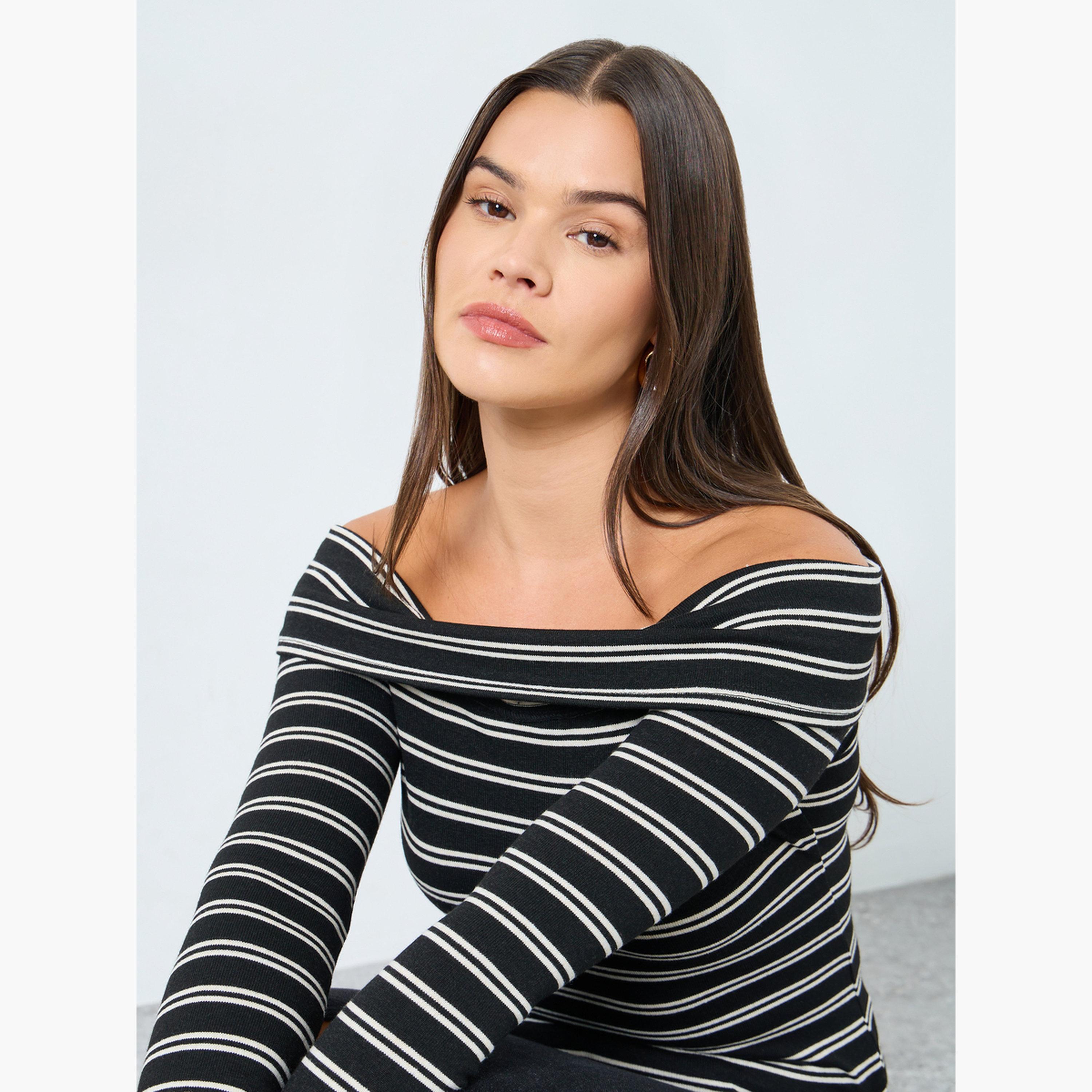 Styli Black Striped Off-Shoulder Knit Top-women-clothing-tshirts-image-3