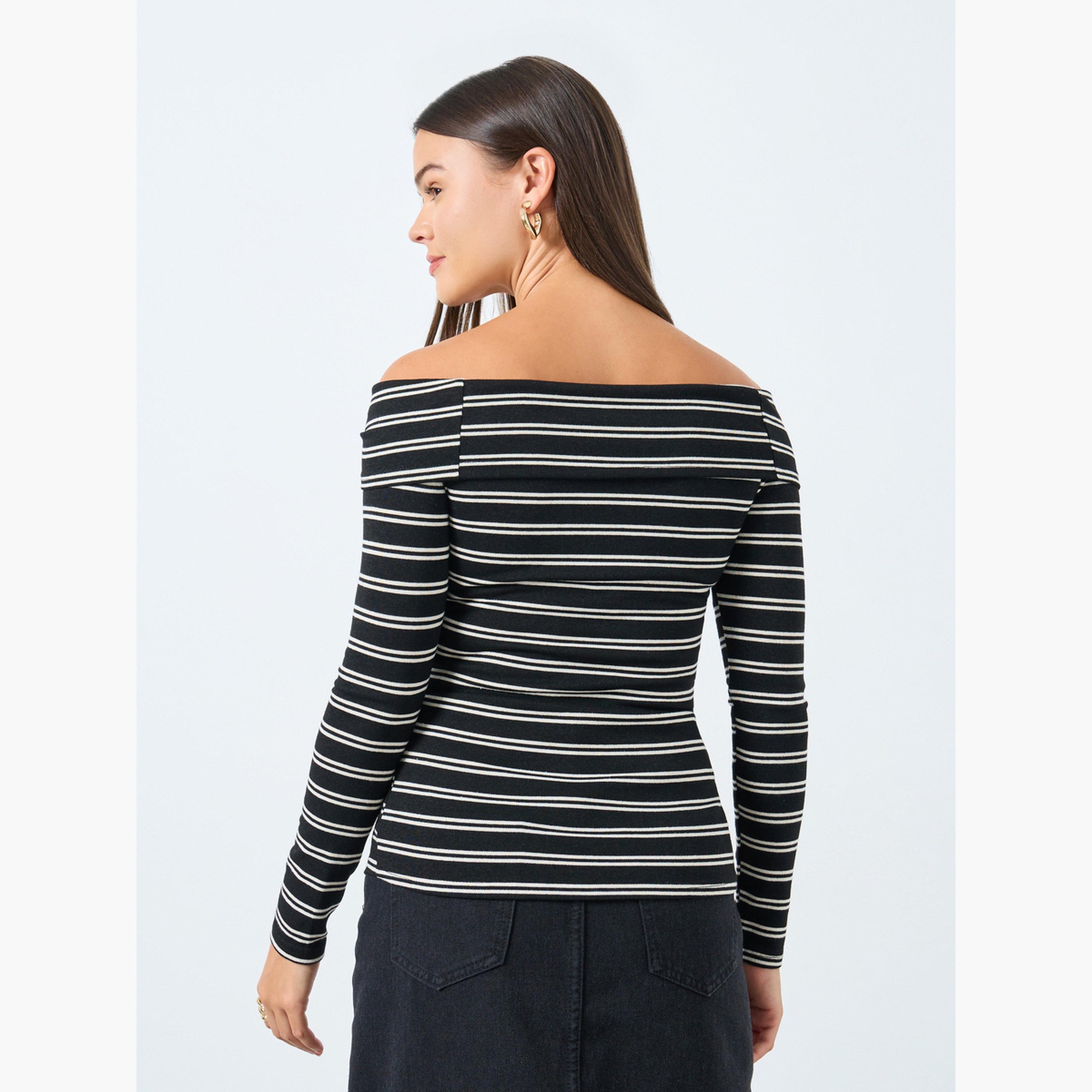 ستايلي - بلوزة محبوكة مخططة لون أسود مكشوفة الكتفين-women-clothing-tshirts-image-4