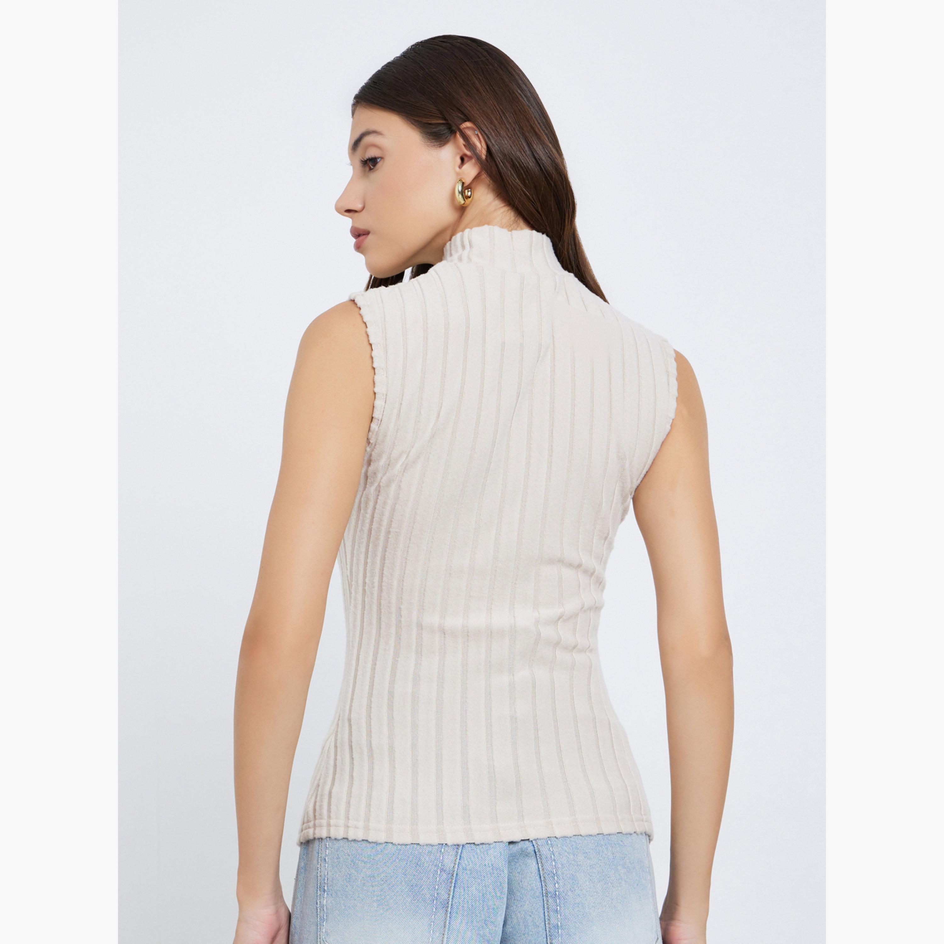 ستايلي - بلوزة محبوكة بدون أكمام باللون البيج للنساء-women-clothing-tshirts-image-4