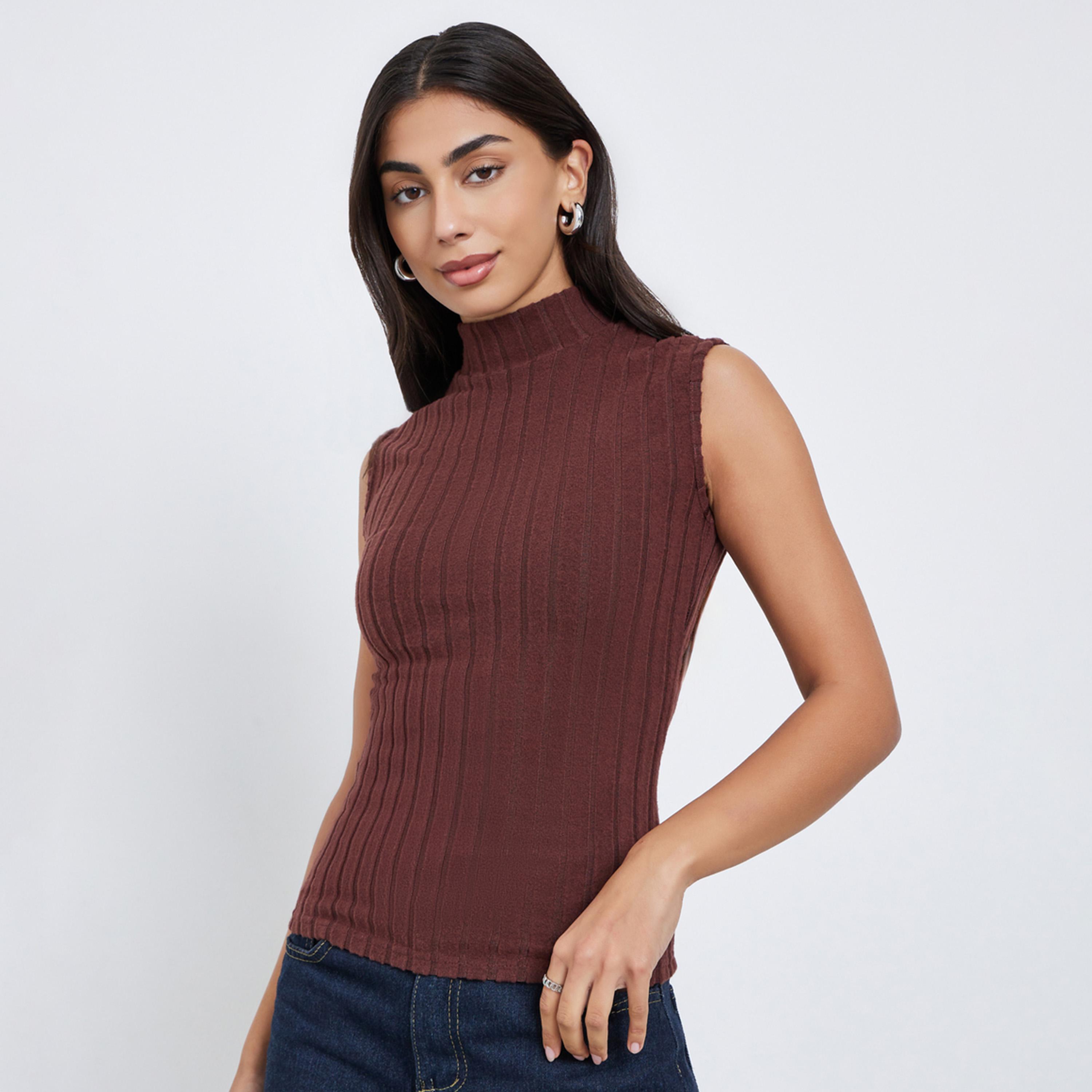 Styli Brown Sleeveless Fitted Knit Top-women-clothing-shirtsandblouses-shirts-image-1