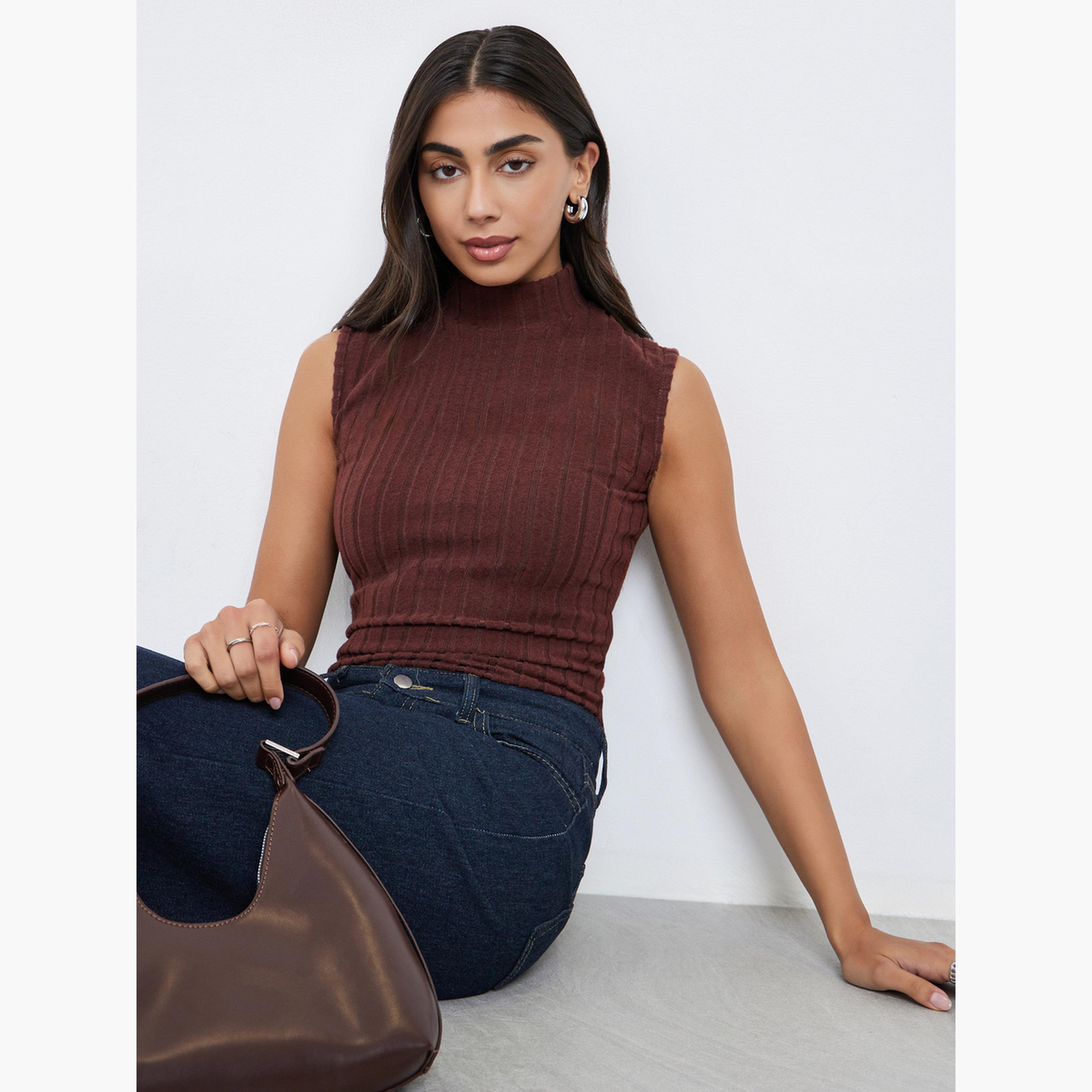 ستايلي - بلوزة محبوكة بنية اللون بدون أكمام-women-clothing-shirtsandblouses-shirts-image-3