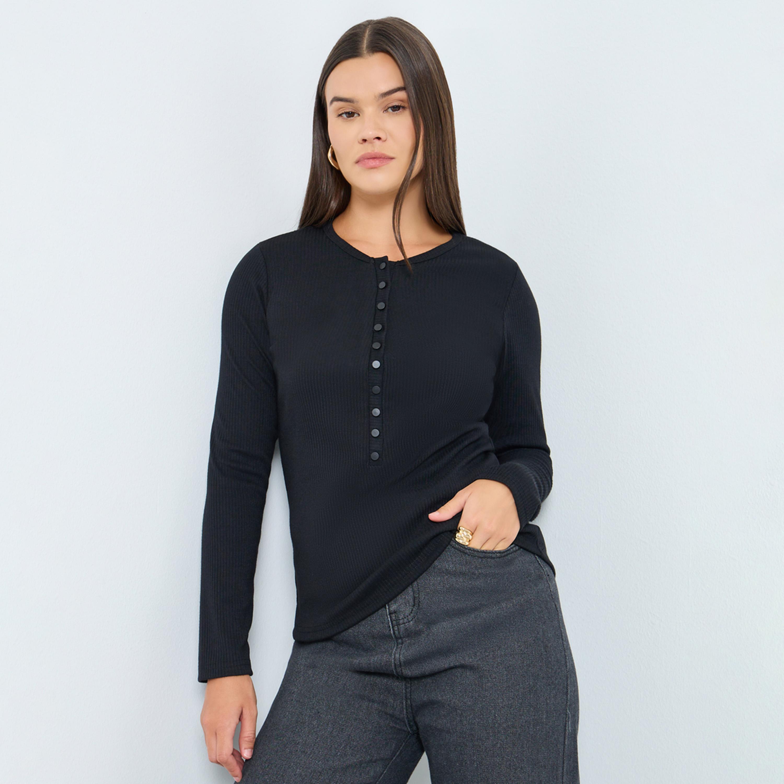 ستايلي - بلوزة نسائية سوداء مضلعة بأكمام طويلة محبوكة مع فتحة أزرار-women-clothing-tshirts-image-1