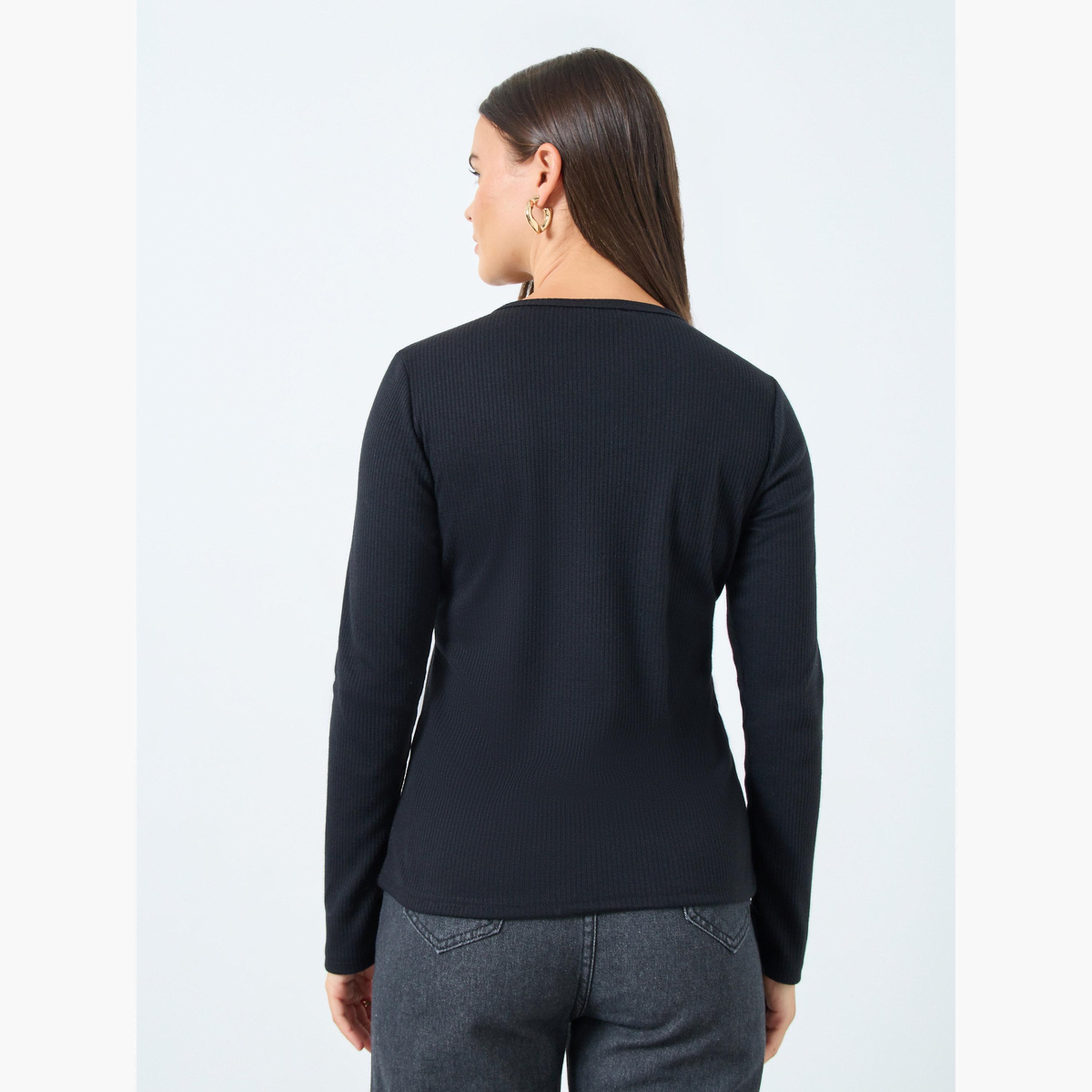 Styli Women Black Ribbed Long Sleeve Knit Top with Button Placket-women-clothing-tshirts-image-4