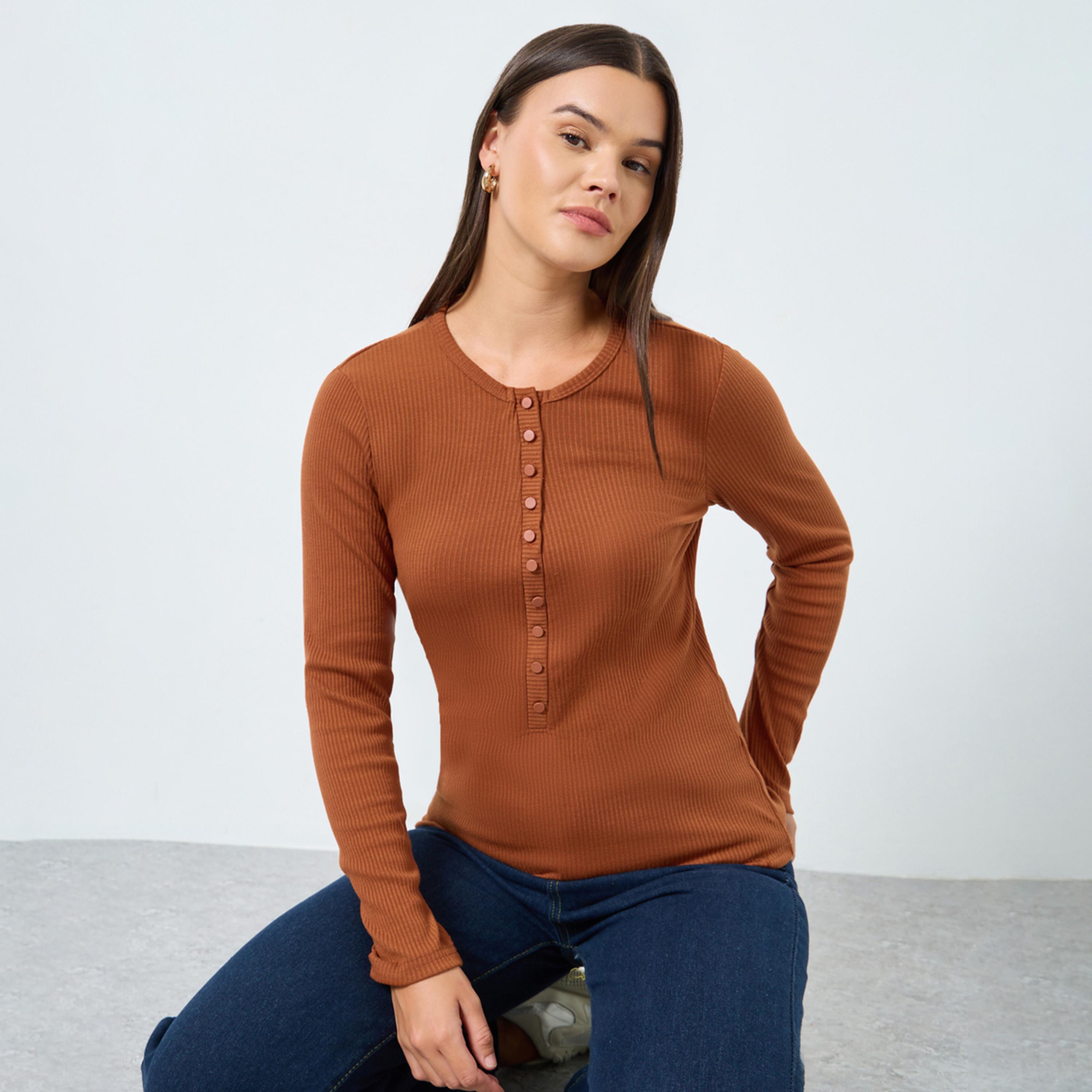 Styli Women Rust Ribbed Long Sleeve Knit Top with Button Placket-women-clothing-tshirts-image-1