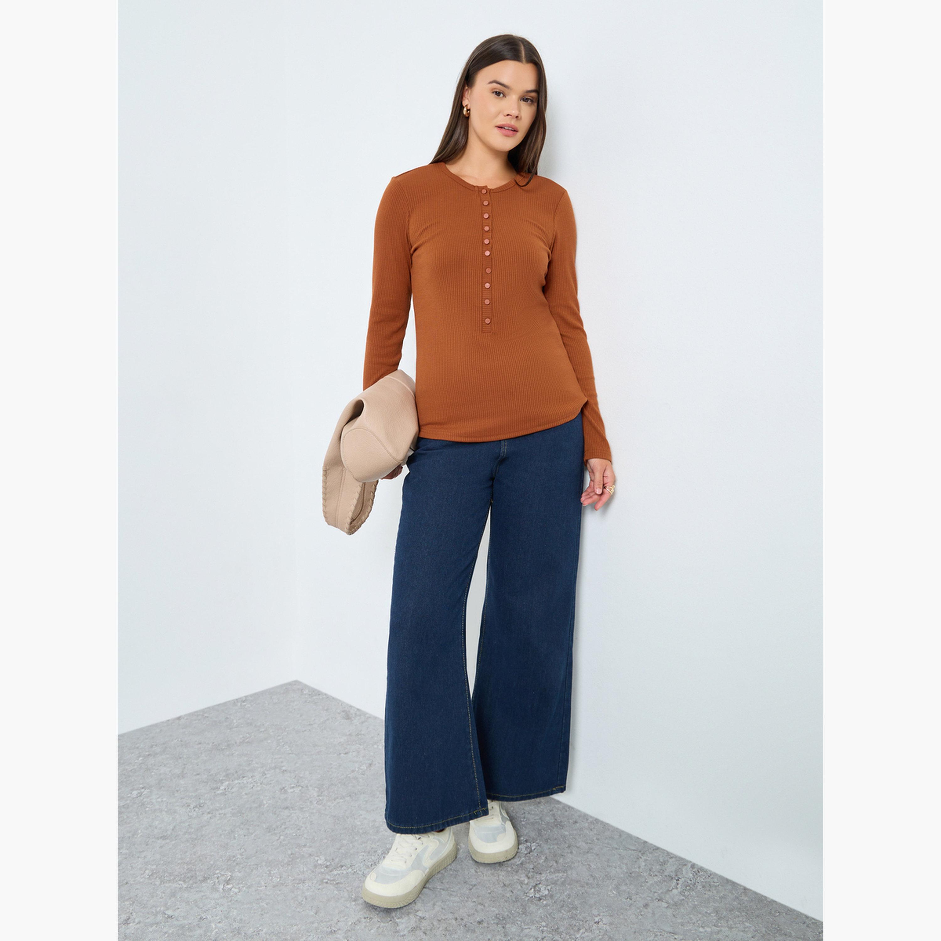 Styli Women Rust Ribbed Long Sleeve Knit Top with Button Placket-women-clothing-tshirts-image-2