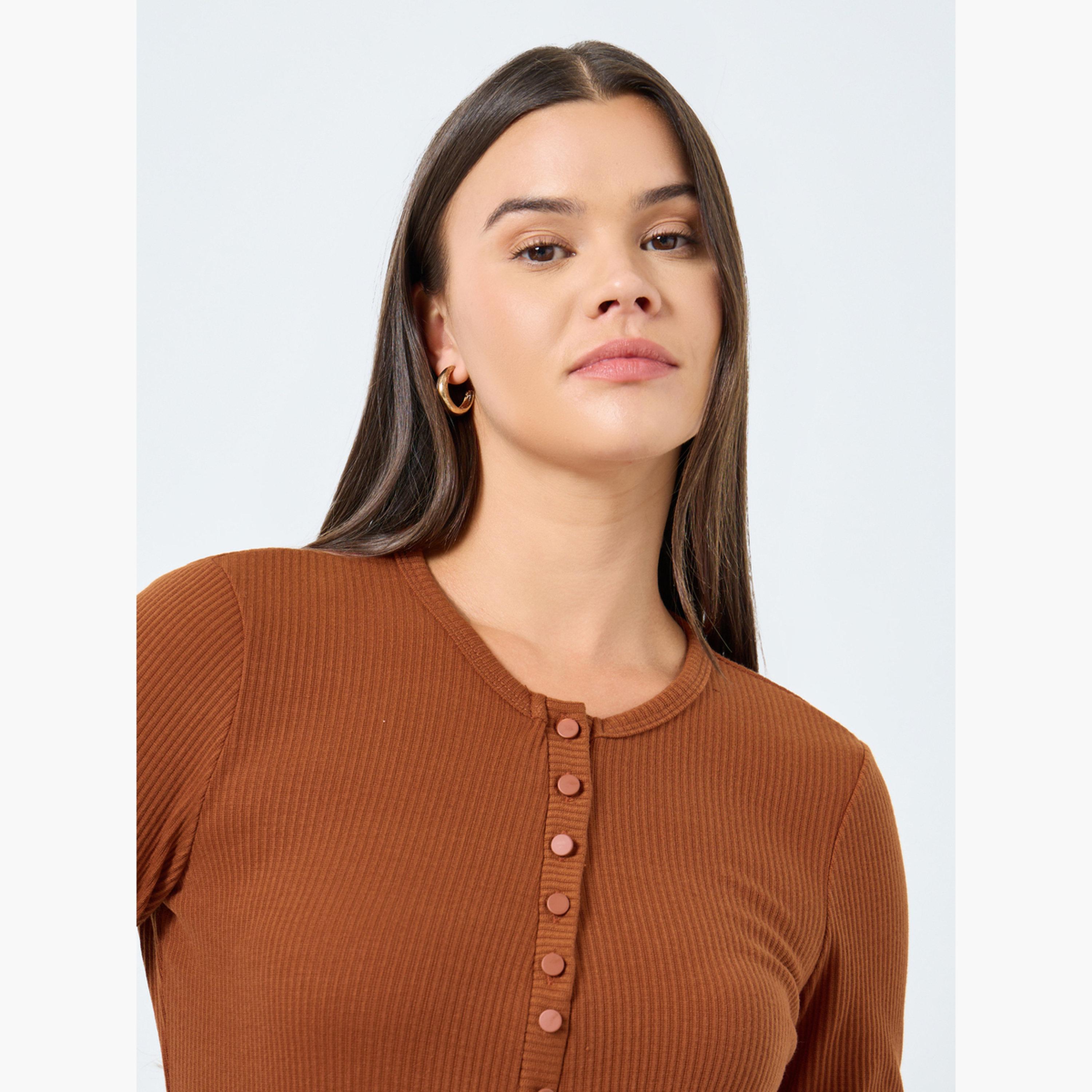 Styli Women Rust Ribbed Long Sleeve Knit Top with Button Placket-women-clothing-tshirts-image-3