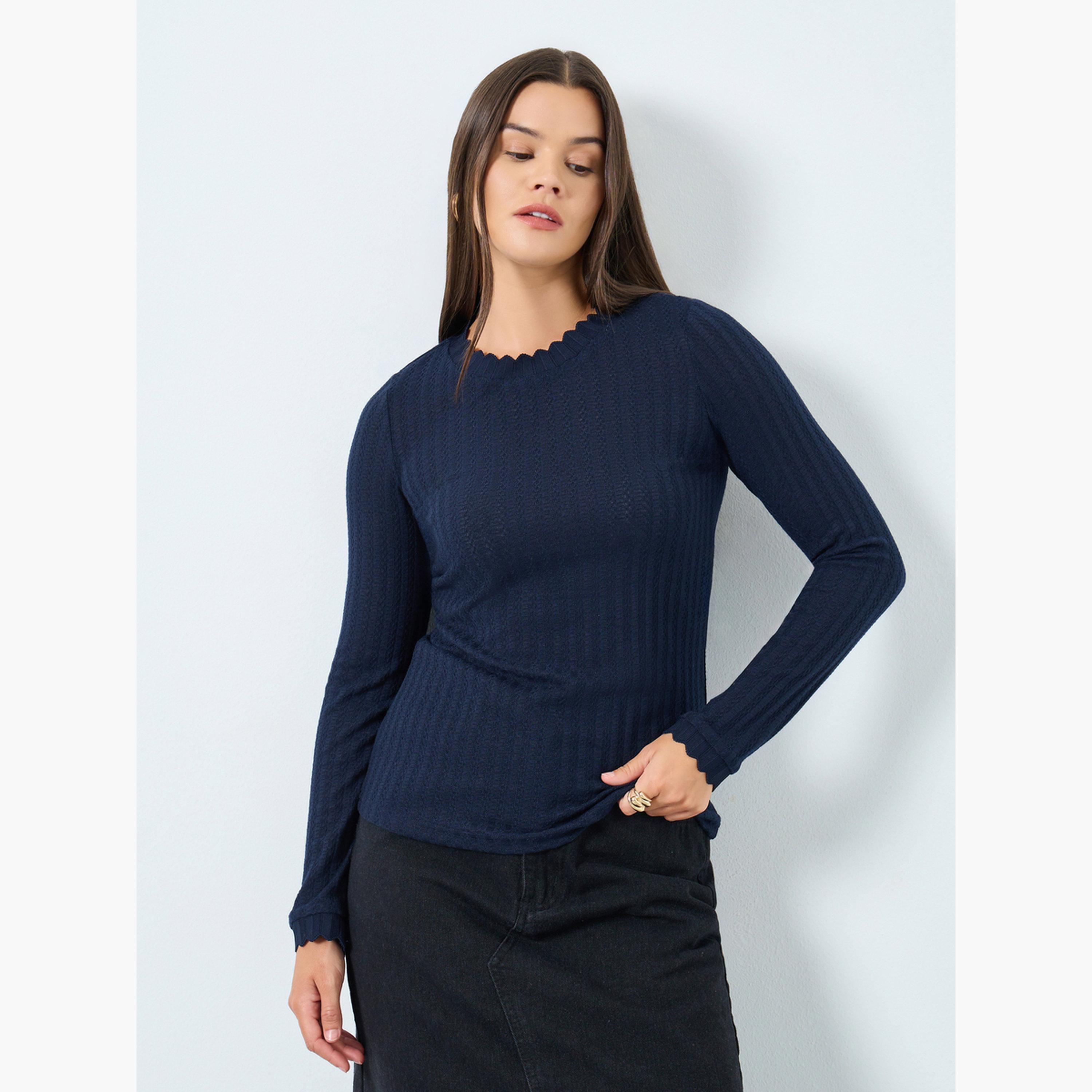 ستايلي - بلوزة محبوكة لون أزرق بحري مع رقبة صدفية للنساء-women-clothing-tshirts-image-1