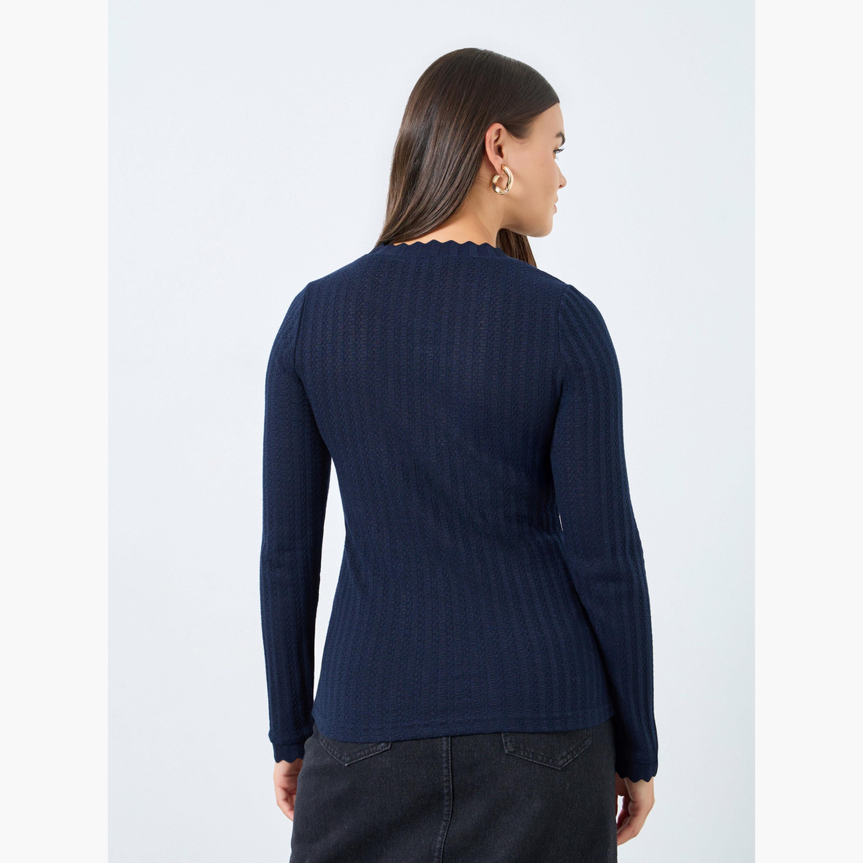 ستايلي - بلوزة محبوكة لون أزرق بحري مع رقبة صدفية للنساء-women-clothing-tshirts-image-4