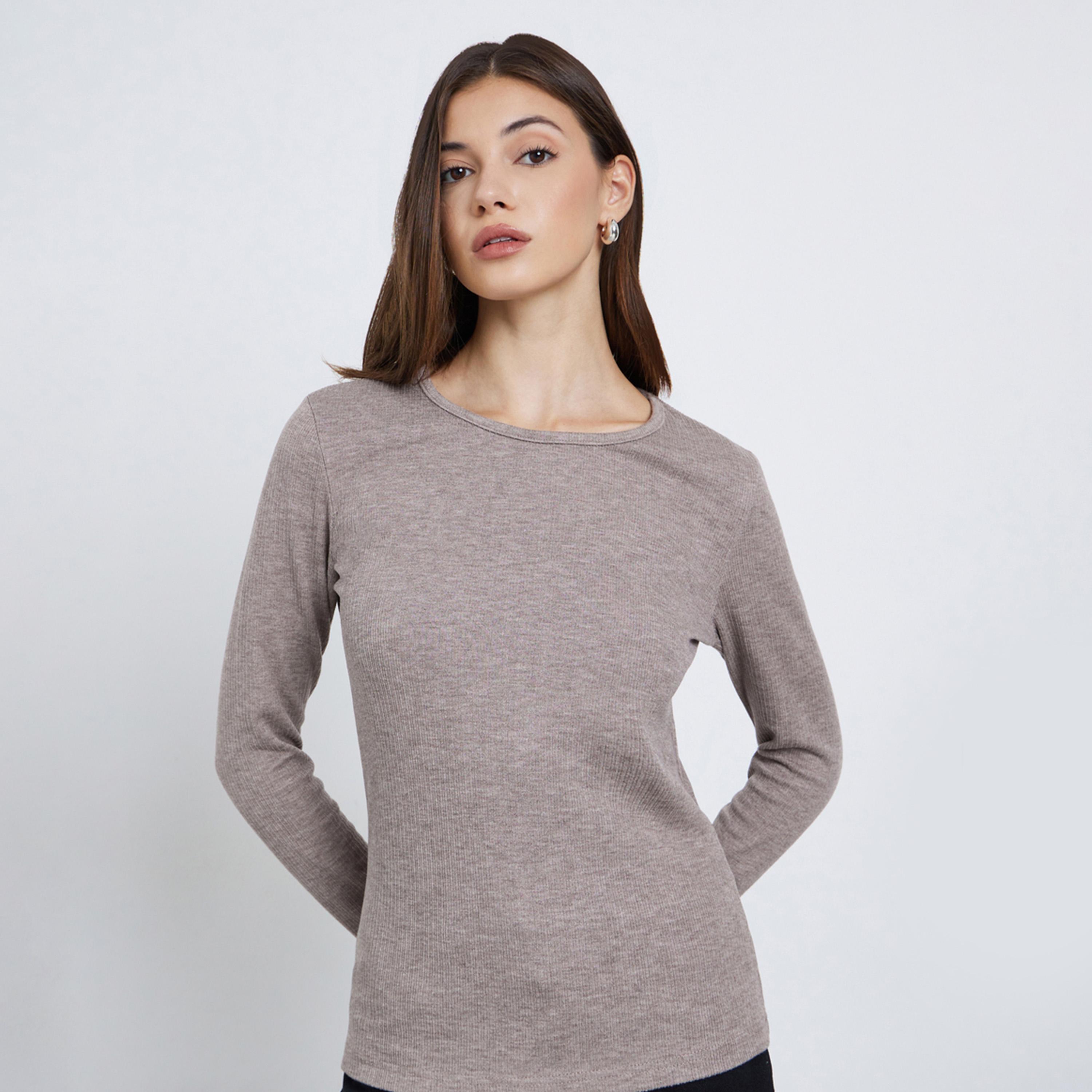 Styli Beige Flat Knit Top with Long Sleeves-women-clothing-tshirts-image-1