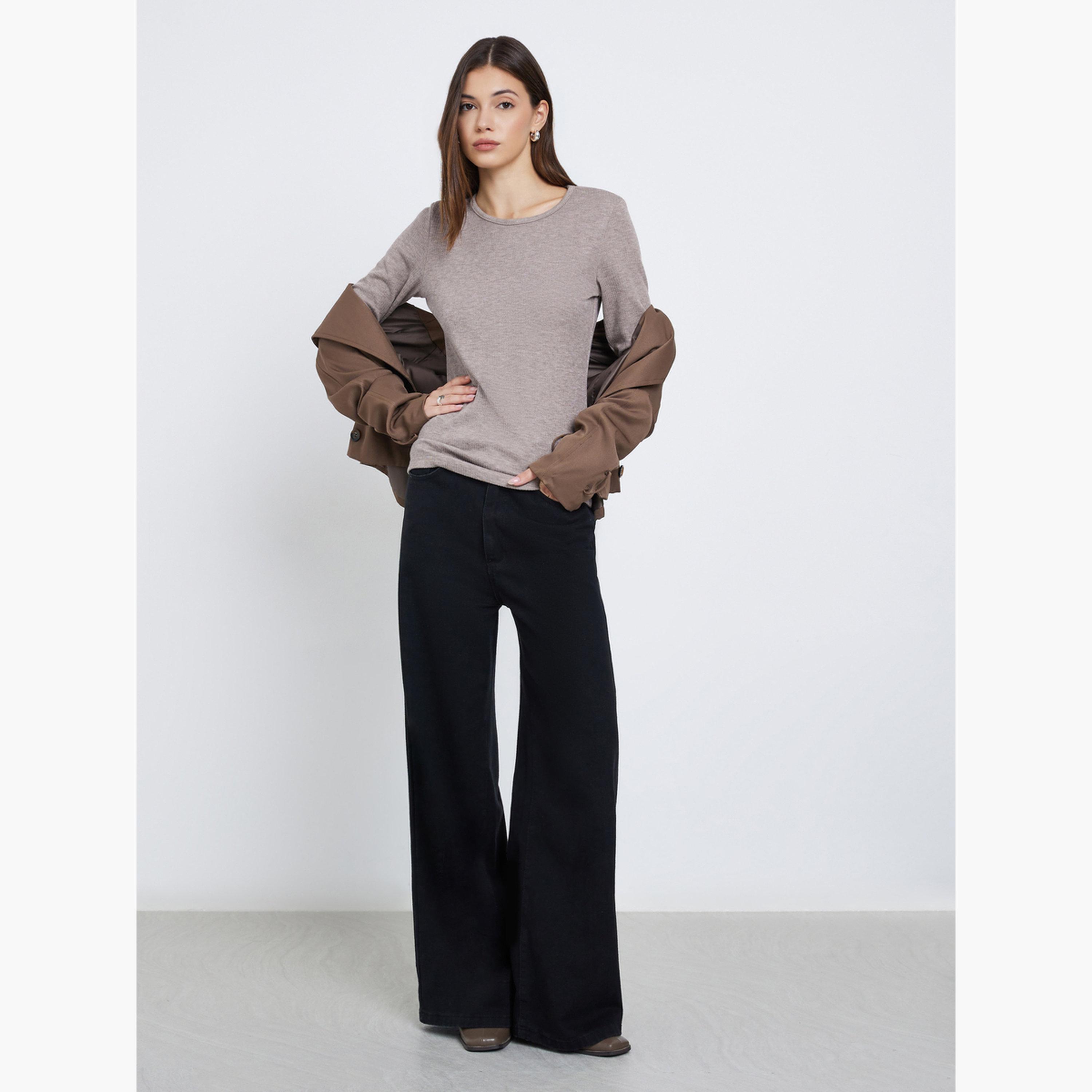 Styli Beige Flat Knit Top with Long Sleeves-women-clothing-tshirts-image-2