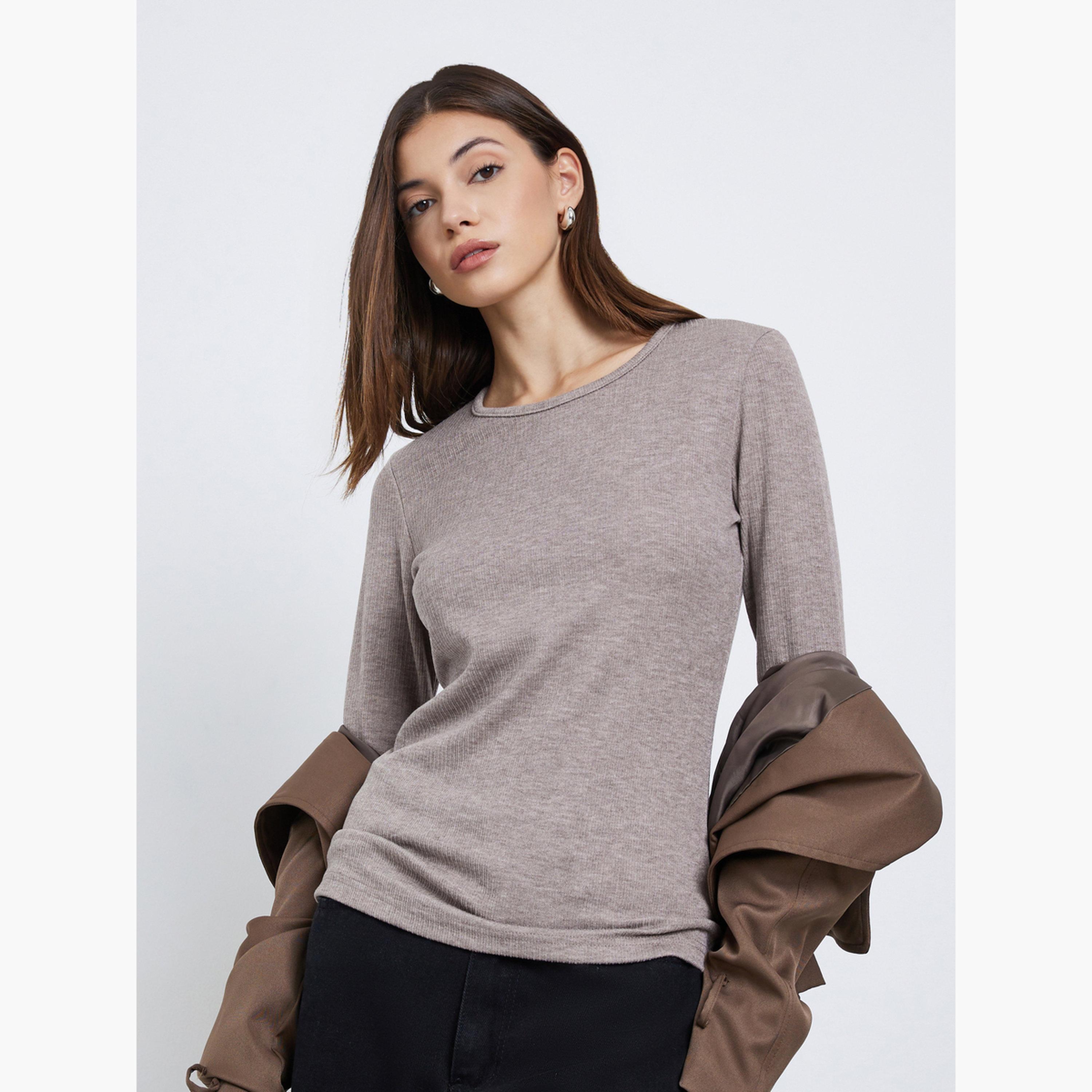 Styli Beige Flat Knit Top with Long Sleeves-women-clothing-tshirts-image-3