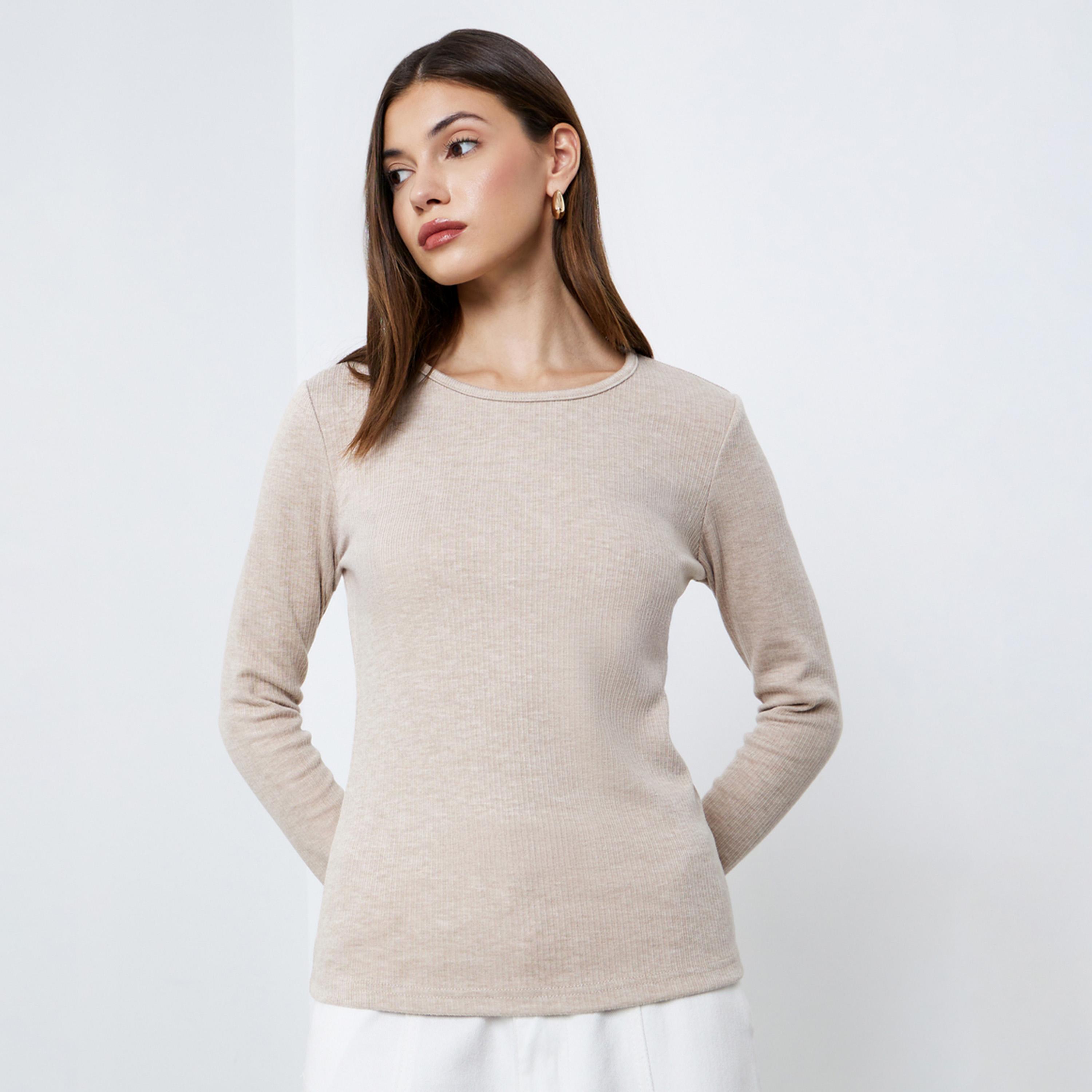 Styli Cream Flat Knit Top with Long Sleeves-women-clothing-tshirts-image-1