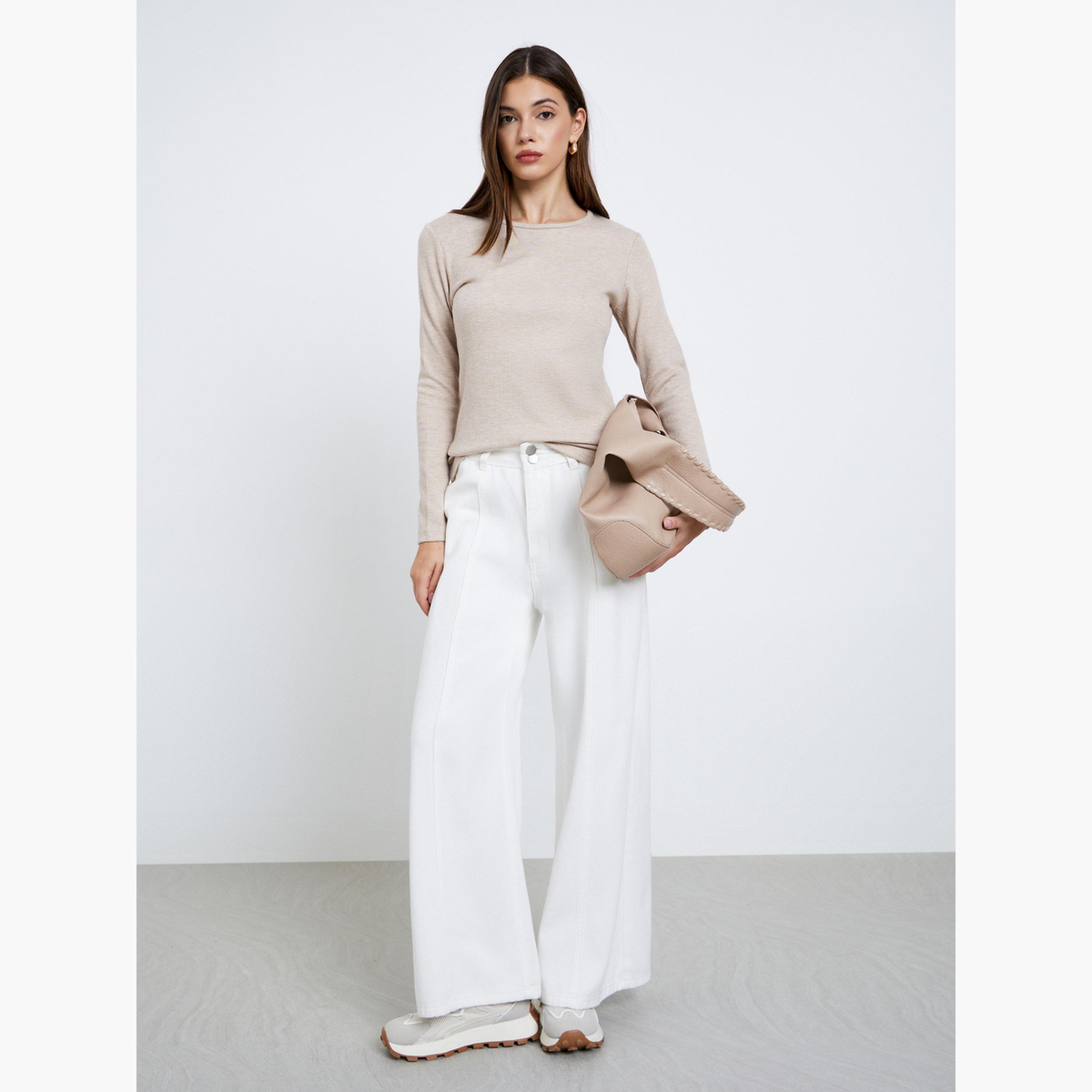 Styli Cream Flat Knit Top with Long Sleeves-women-clothing-tshirts-image-2