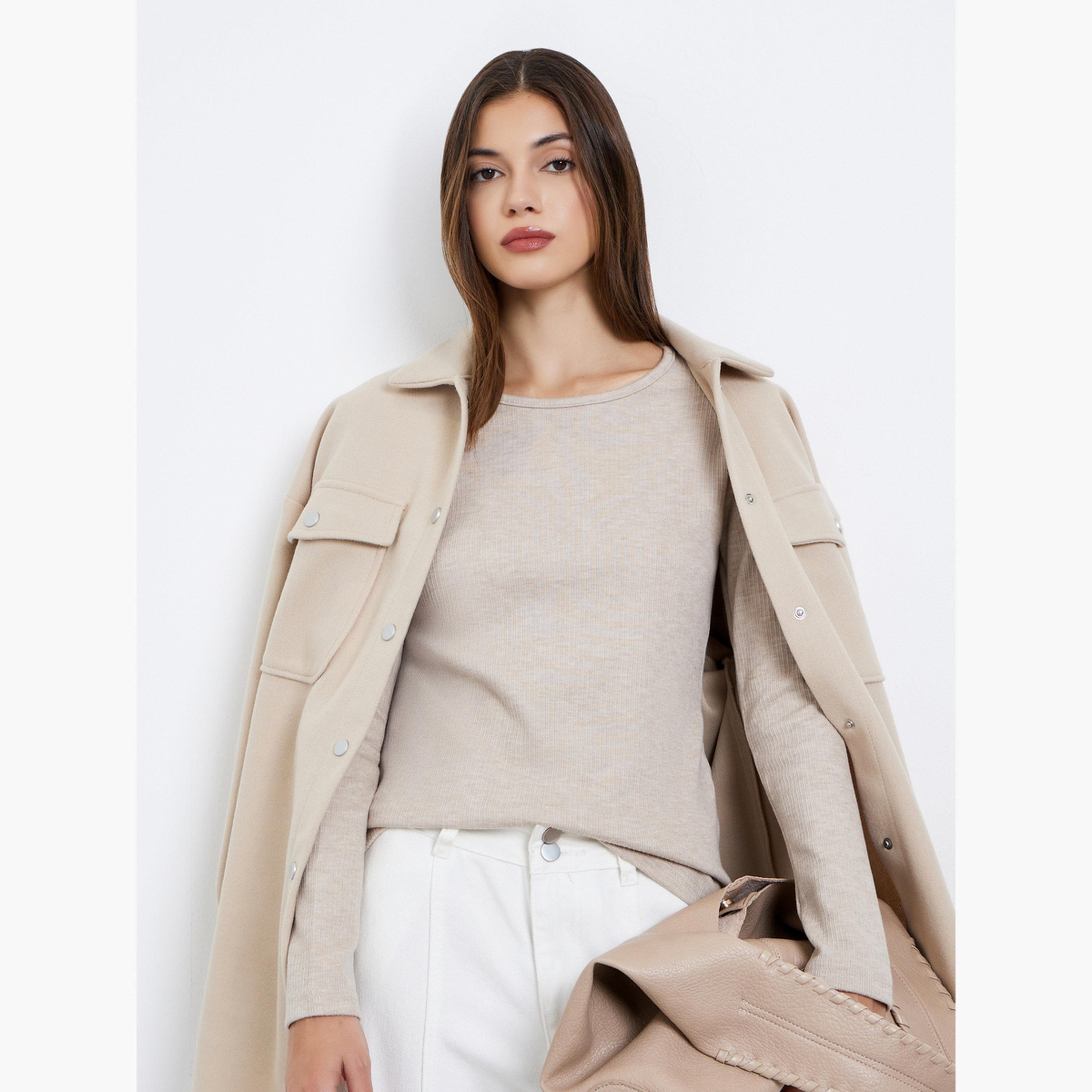 Styli Cream Flat Knit Top with Long Sleeves-women-clothing-tshirts-image-3