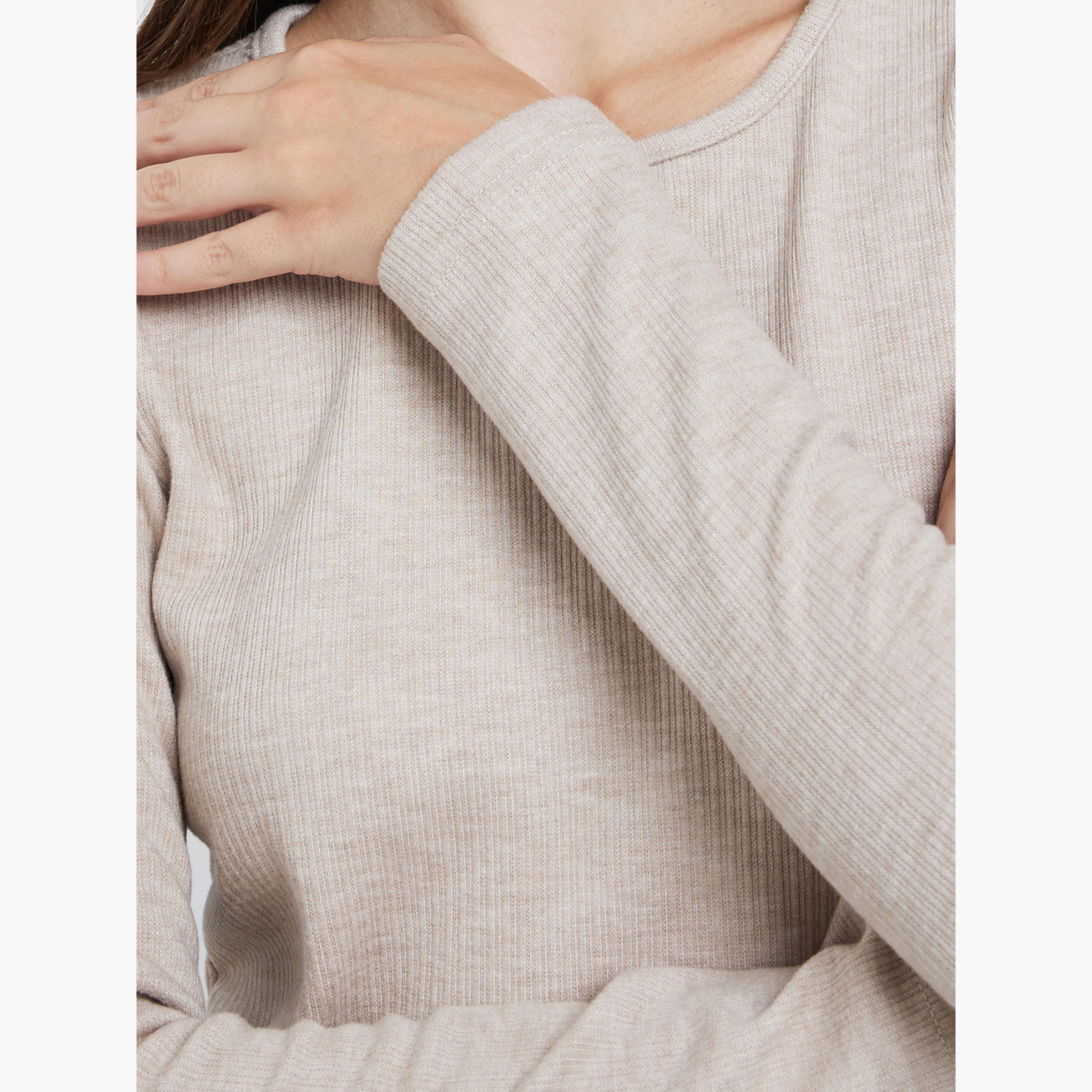 Styli Cream Flat Knit Top with Long Sleeves-women-clothing-tshirts-image-4