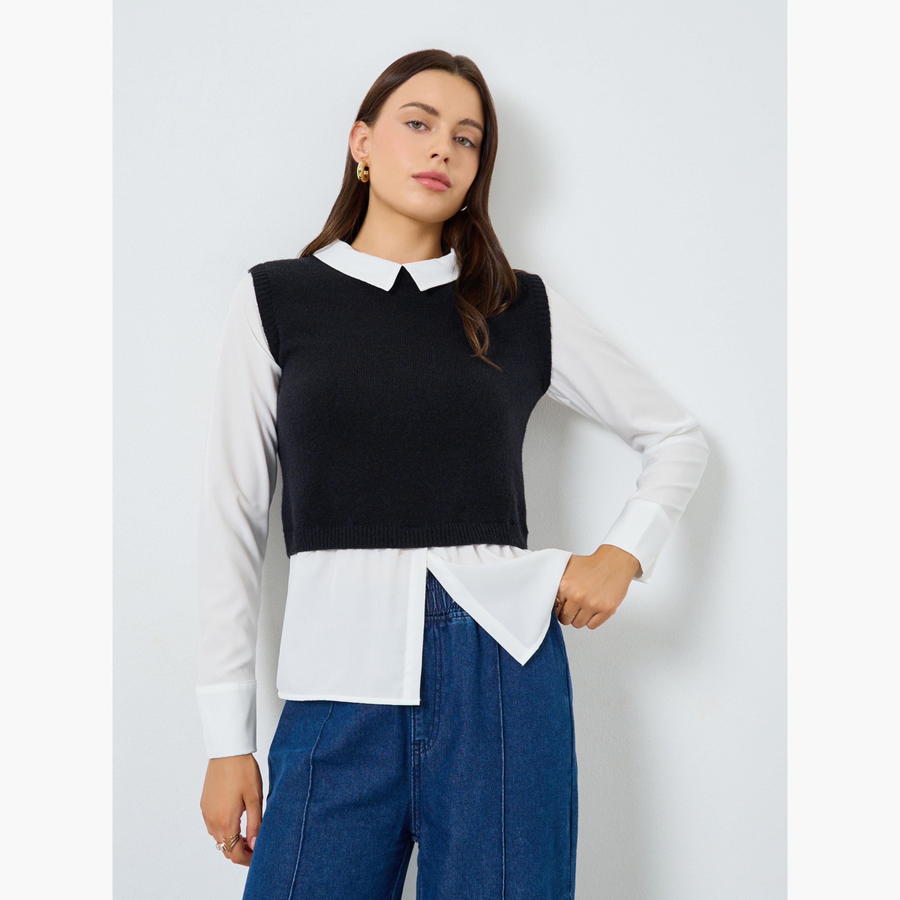 ستايلي - سترة سوداء محبوكة بدون أكمام مع قميص للنساء-women-clothing-shirtsandblouses-shirts-image-1