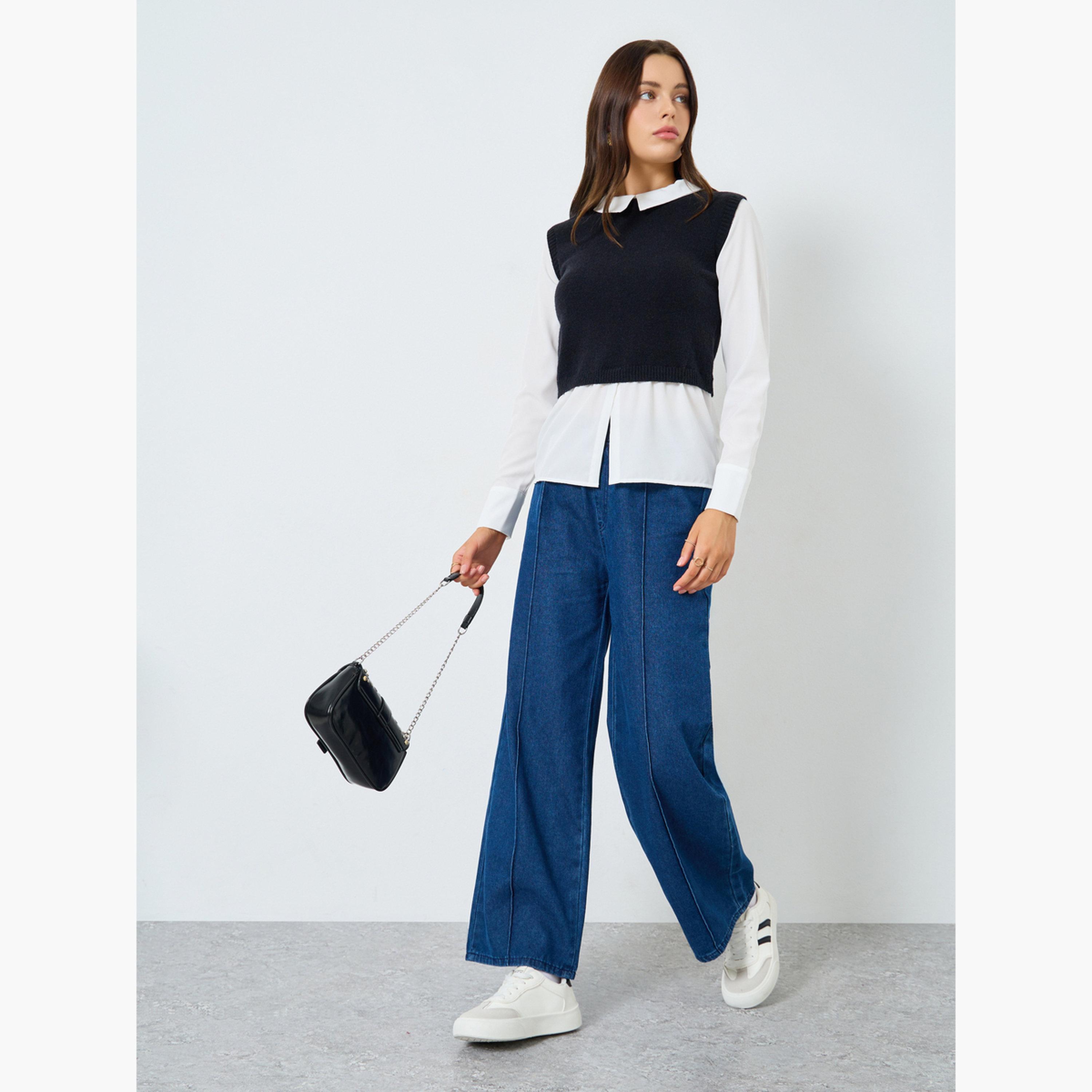 ستايلي - سترة سوداء محبوكة بدون أكمام مع قميص للنساء-women-clothing-shirtsandblouses-shirts-image-2