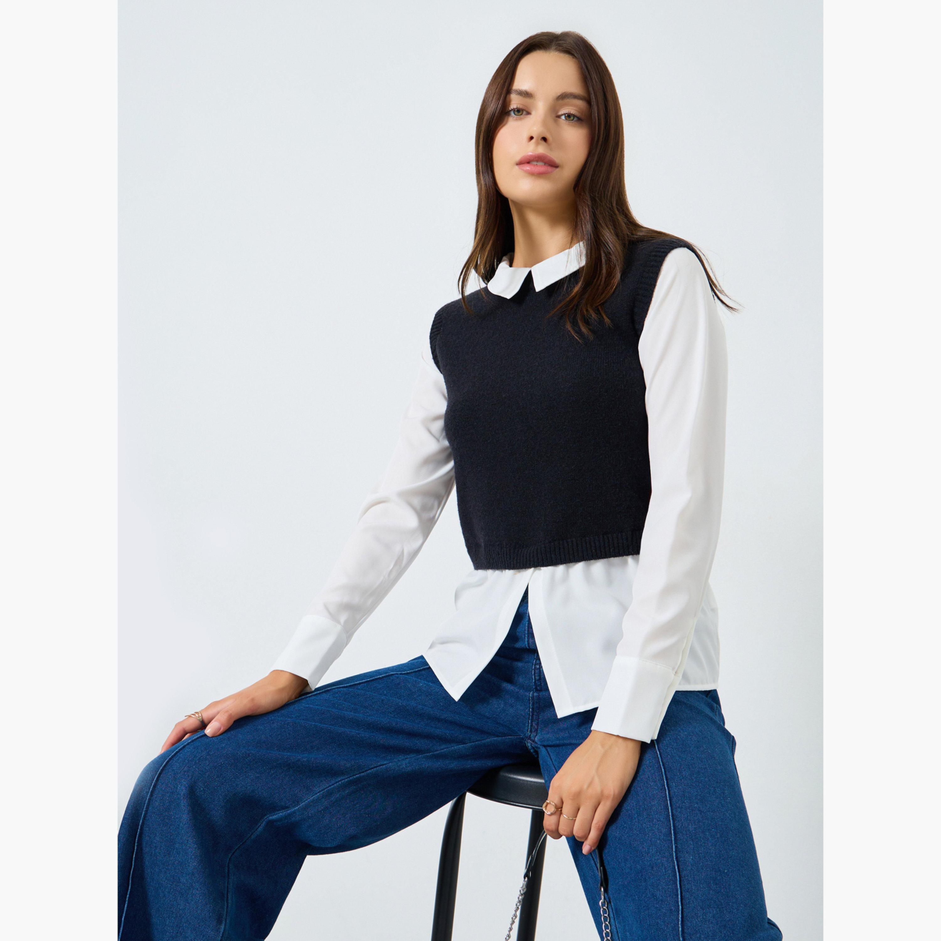 ستايلي - سترة سوداء محبوكة بدون أكمام مع قميص للنساء-women-clothing-shirtsandblouses-shirts-image-3