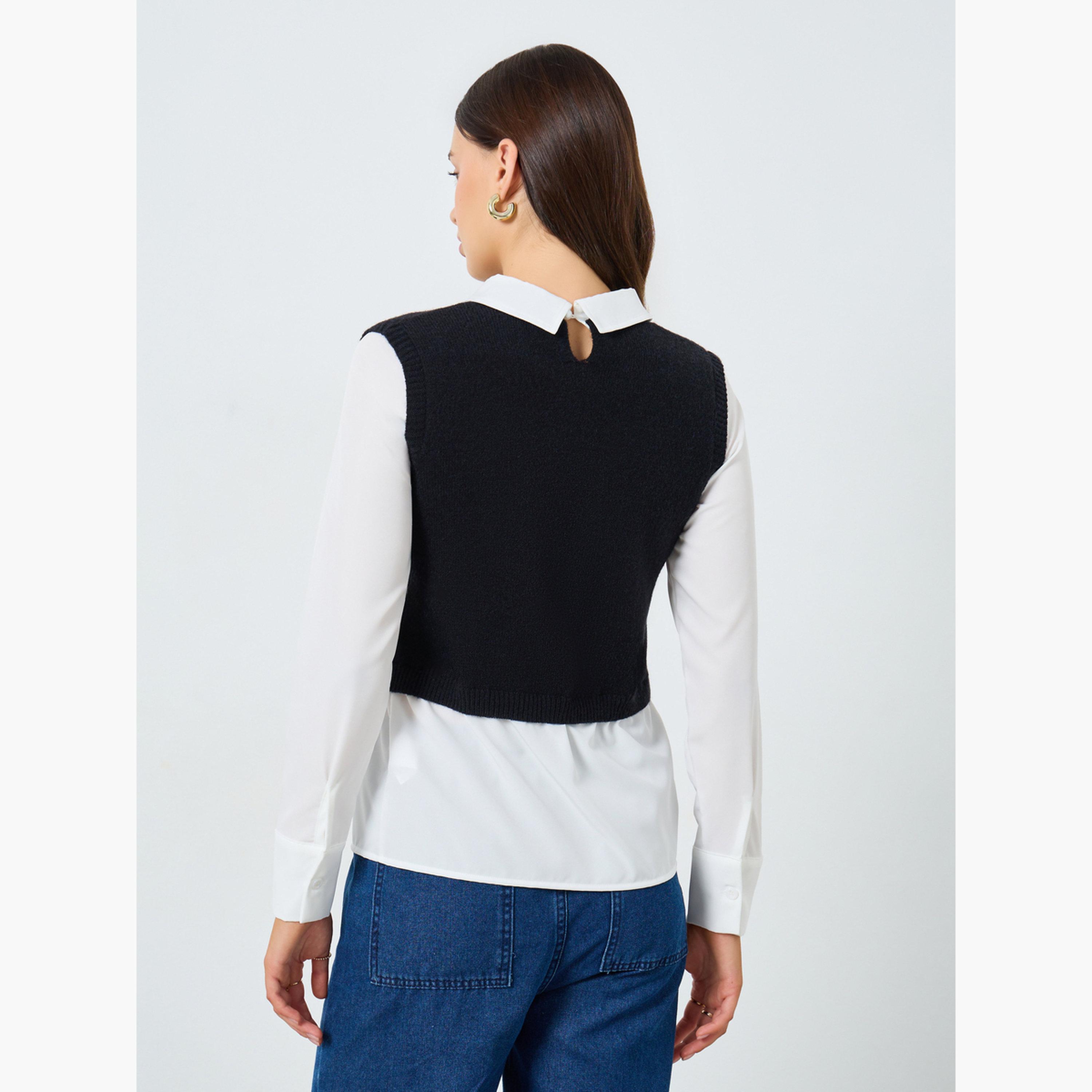 ستايلي - سترة سوداء محبوكة بدون أكمام مع قميص للنساء-women-clothing-shirtsandblouses-shirts-image-5