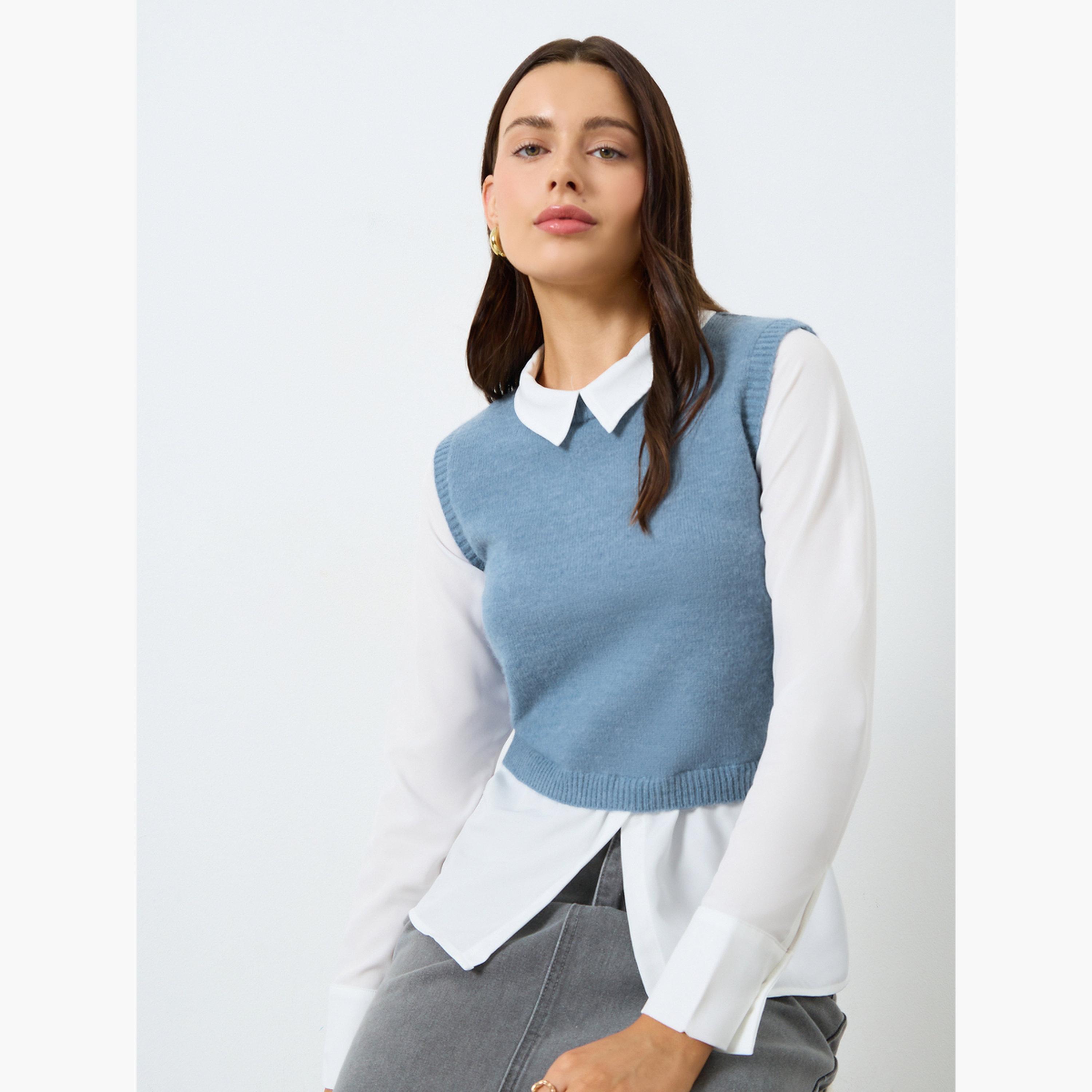Styli Women Blue Sleeveless Vest with Shirt Top-women-clothing-shirtsandblouses-shirts-image-3