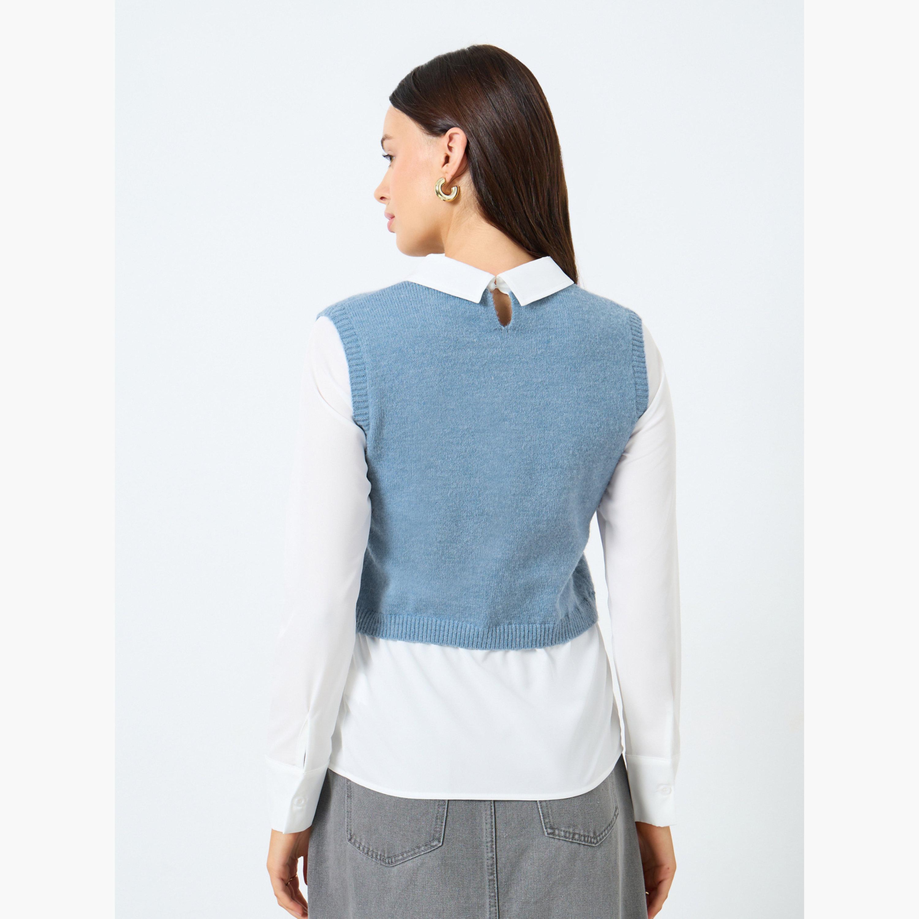 Styli Women Blue Sleeveless Vest with Shirt Top-women-clothing-shirtsandblouses-shirts-image-5