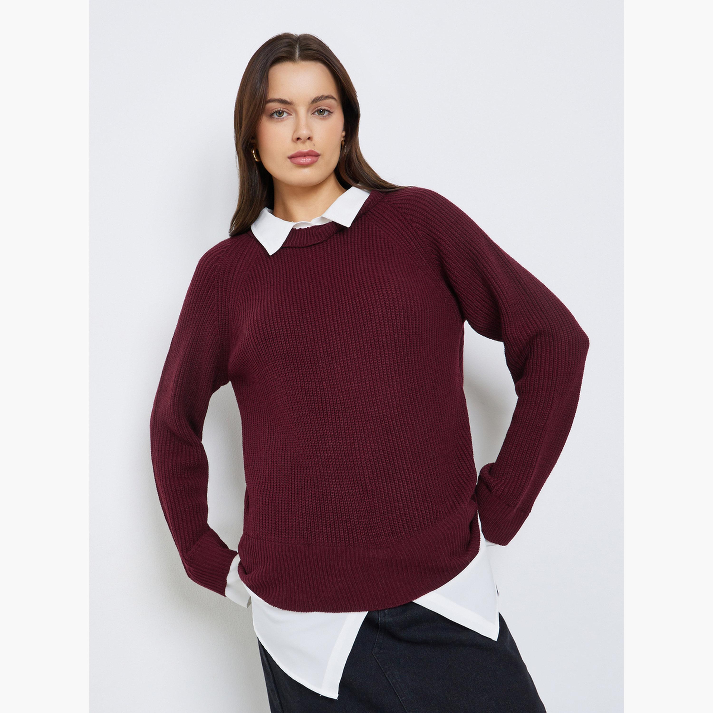 ستايلي - سترة محبوكة باللون البرغندي مع قميص للنساء-women-clothing-shirtsandblouses-shirts-image-1