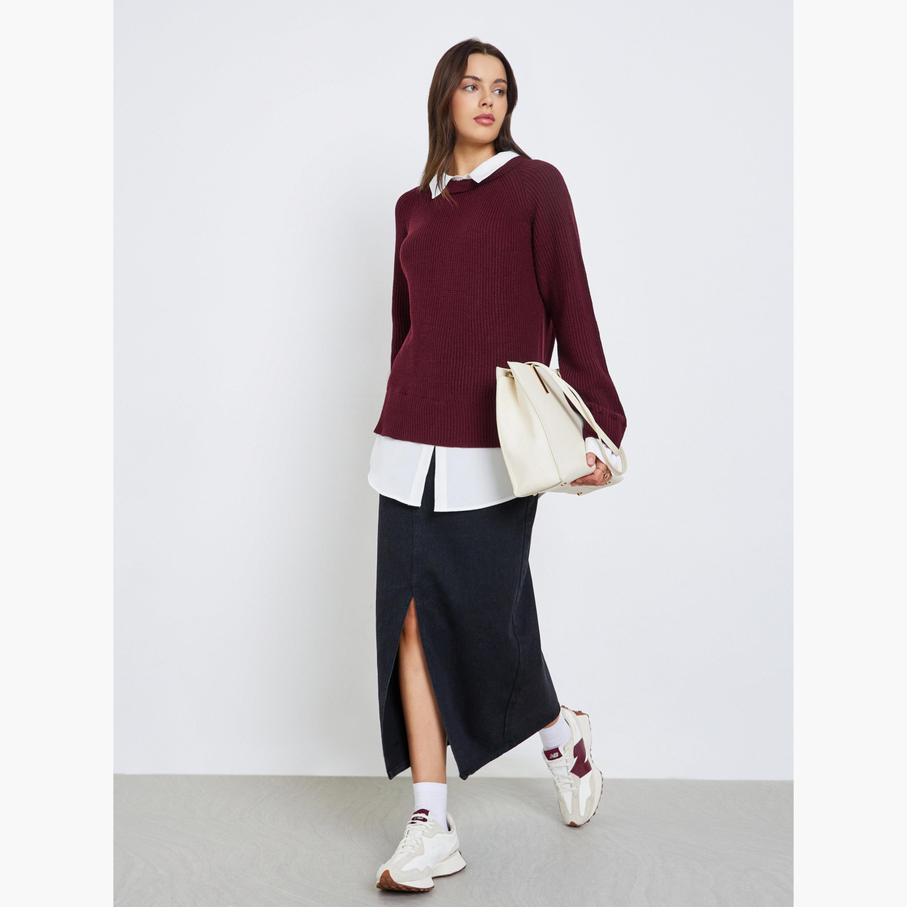 ستايلي - سترة محبوكة باللون البرغندي مع قميص للنساء-women-clothing-shirtsandblouses-shirts-image-2