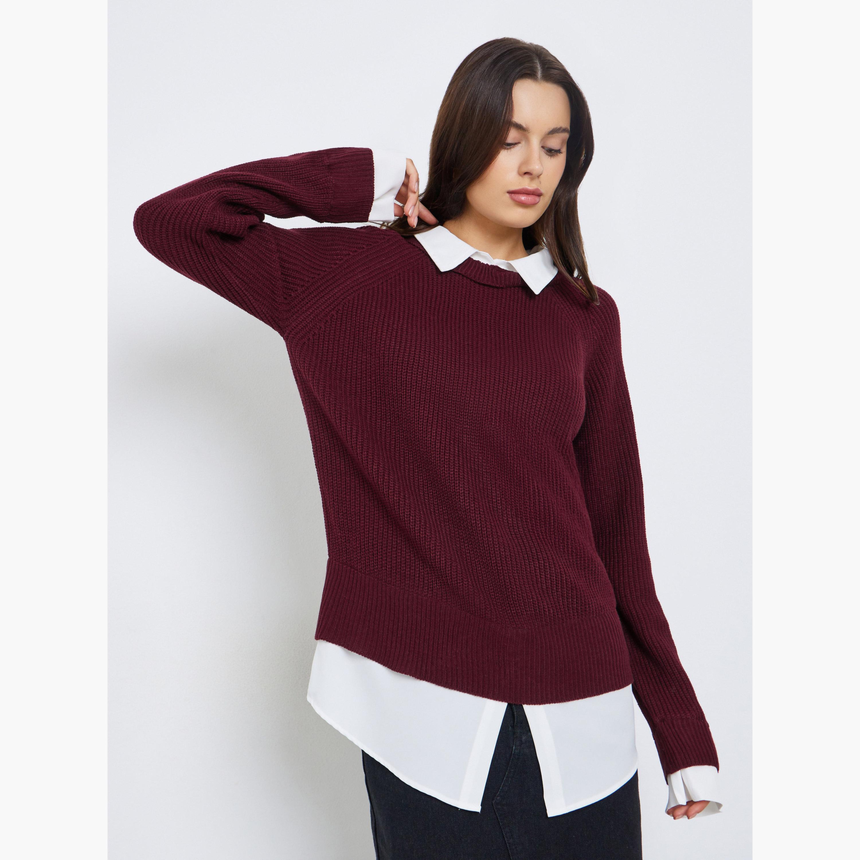 ستايلي - سترة محبوكة باللون البرغندي مع قميص للنساء-women-clothing-shirtsandblouses-shirts-image-3