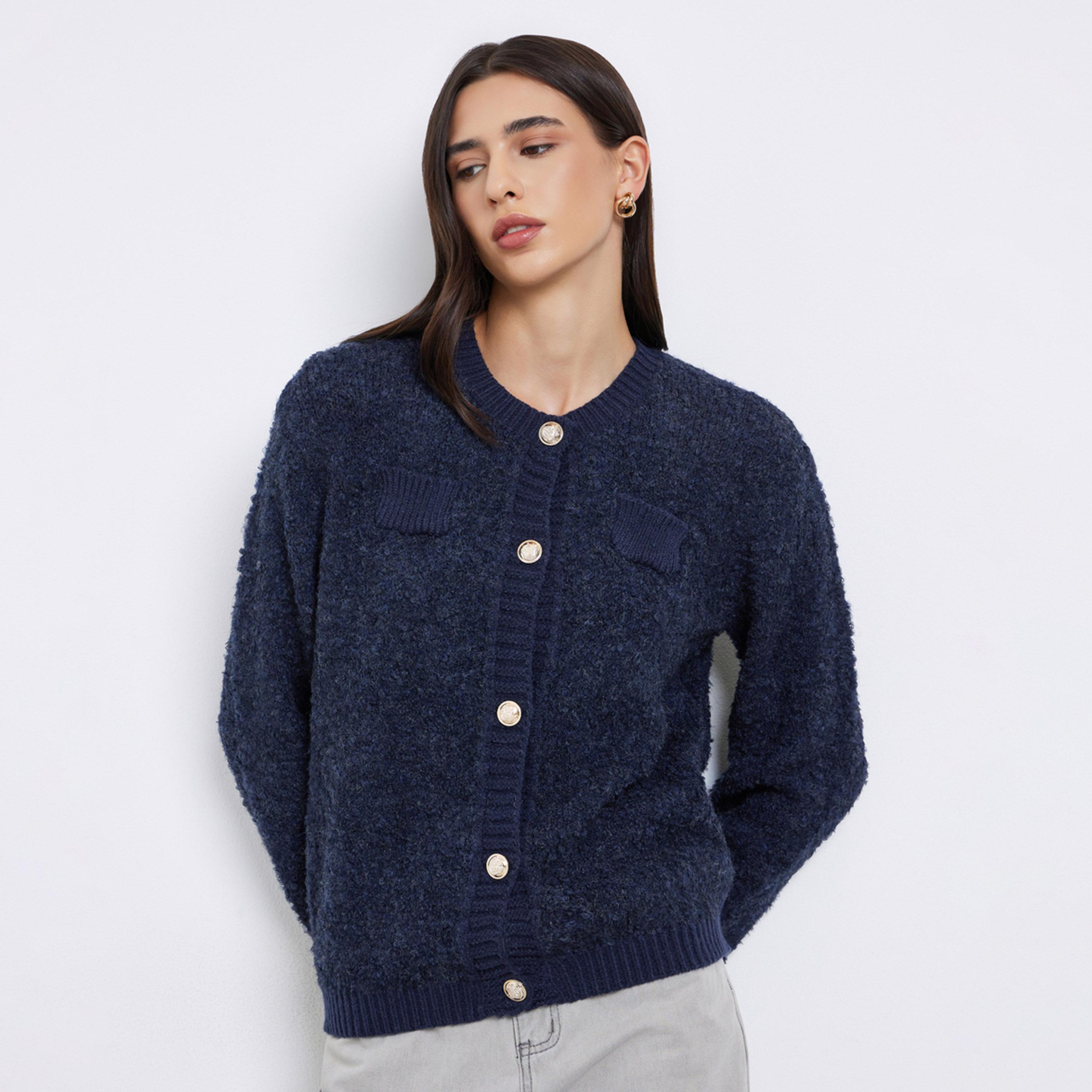 ستايلي - كارديغان أزرق داكن بقصّة عادية من خيوط مختلطة-women-clothing-cardigansandjumpers-cardigans-image-1