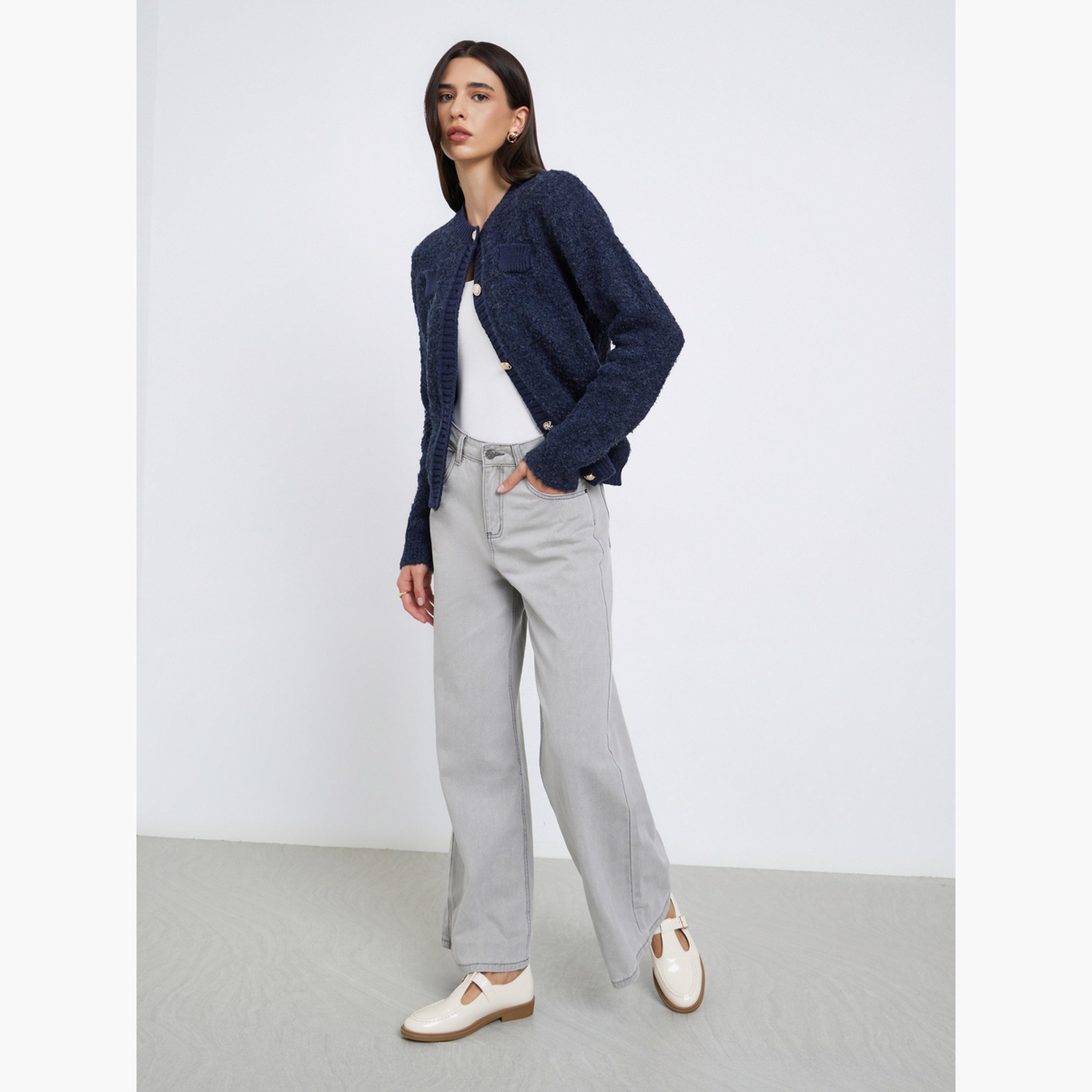Styli Women Navy Blue Regular Fit Mixed Yarn Cardigan-women-clothing-cardigansandjumpers-cardigans-image-2