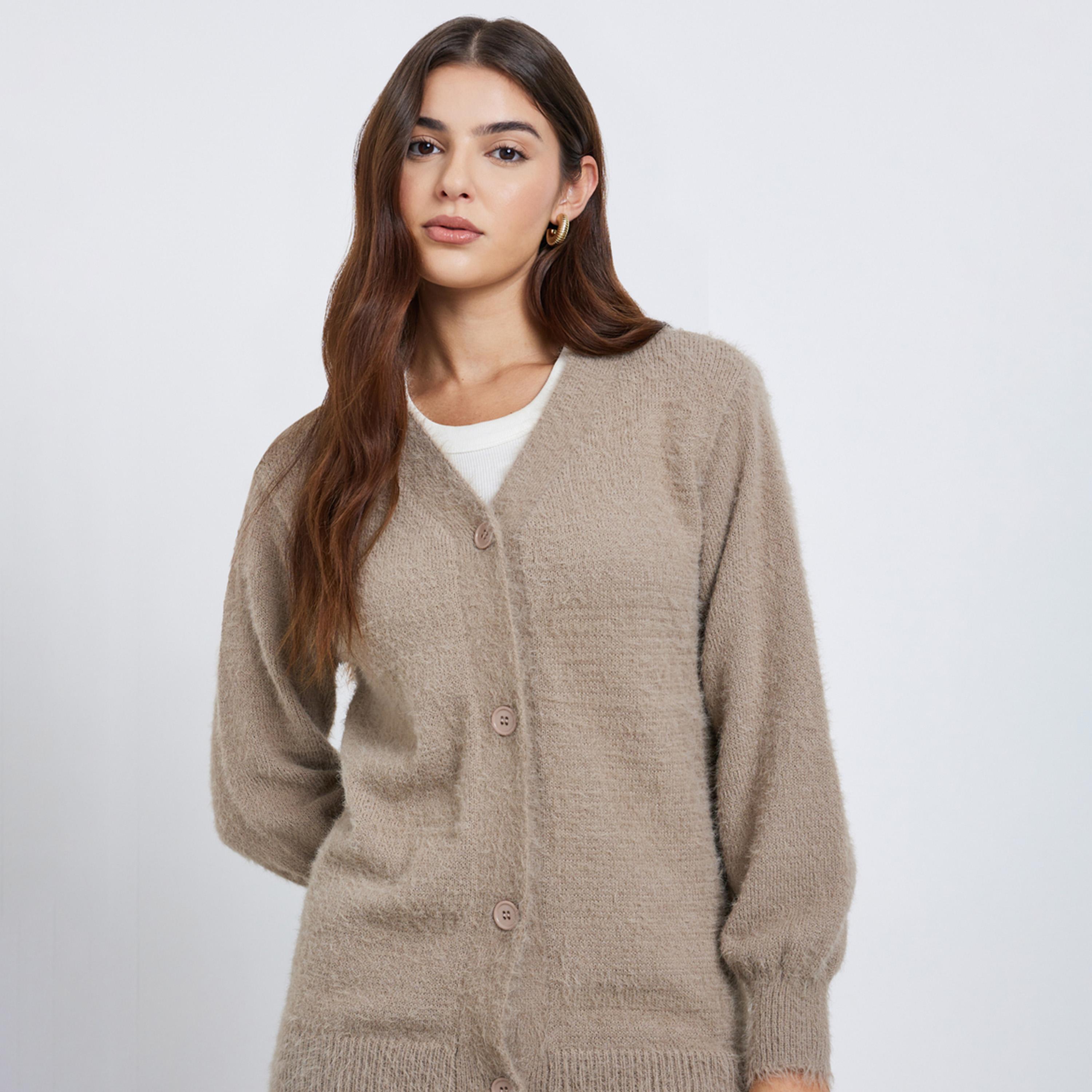 Styli Beige Regular Fit Fuzzy Yarn Cardigan-women-winterwear-cardigansandjumpers-jumpers-image-1