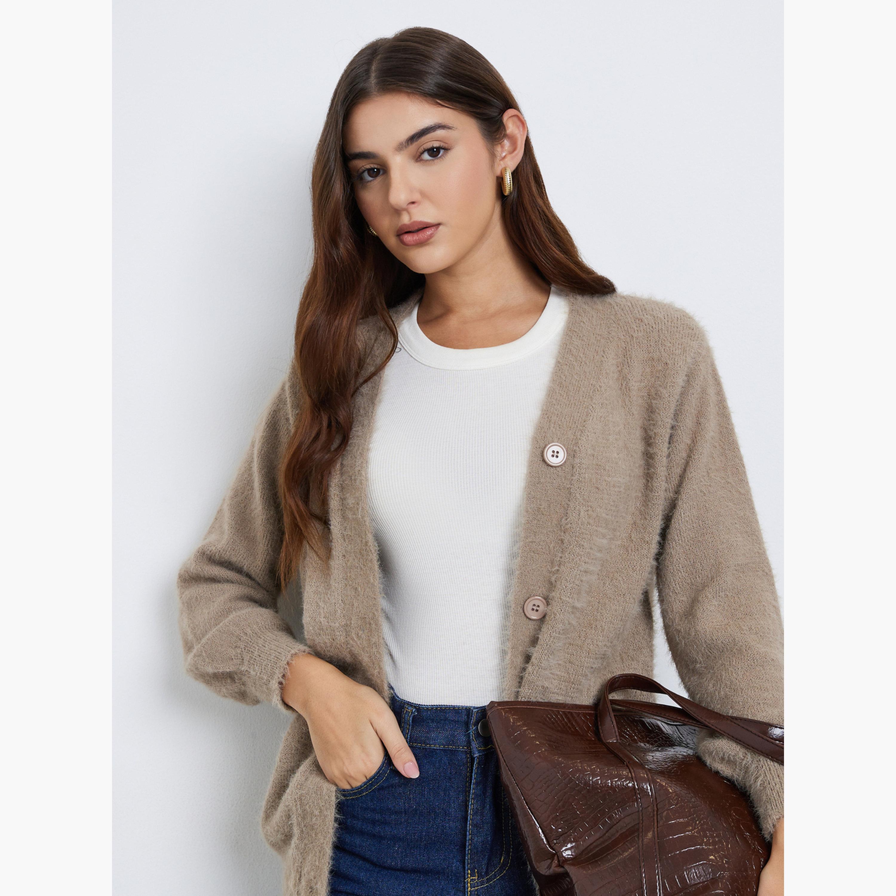 Styli Beige Regular Fit Fuzzy Yarn Cardigan-women-winterwear-cardigansandjumpers-jumpers-image-3