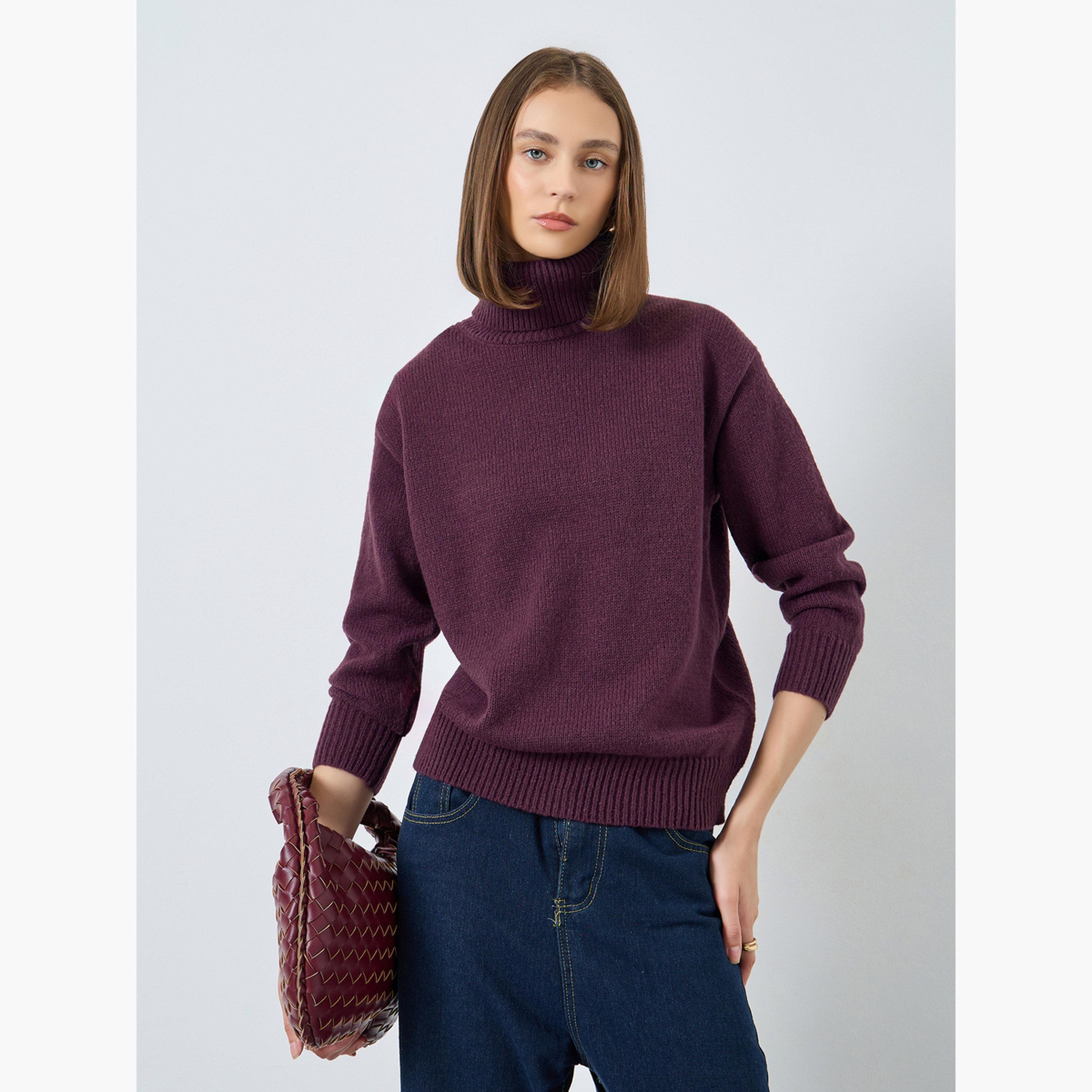 Styli Burgundy Textured Oversized Turtle Neck Long Sleeves Women's Sweater-women-winterwear-cardigansandjumpers-jumpers-image-1