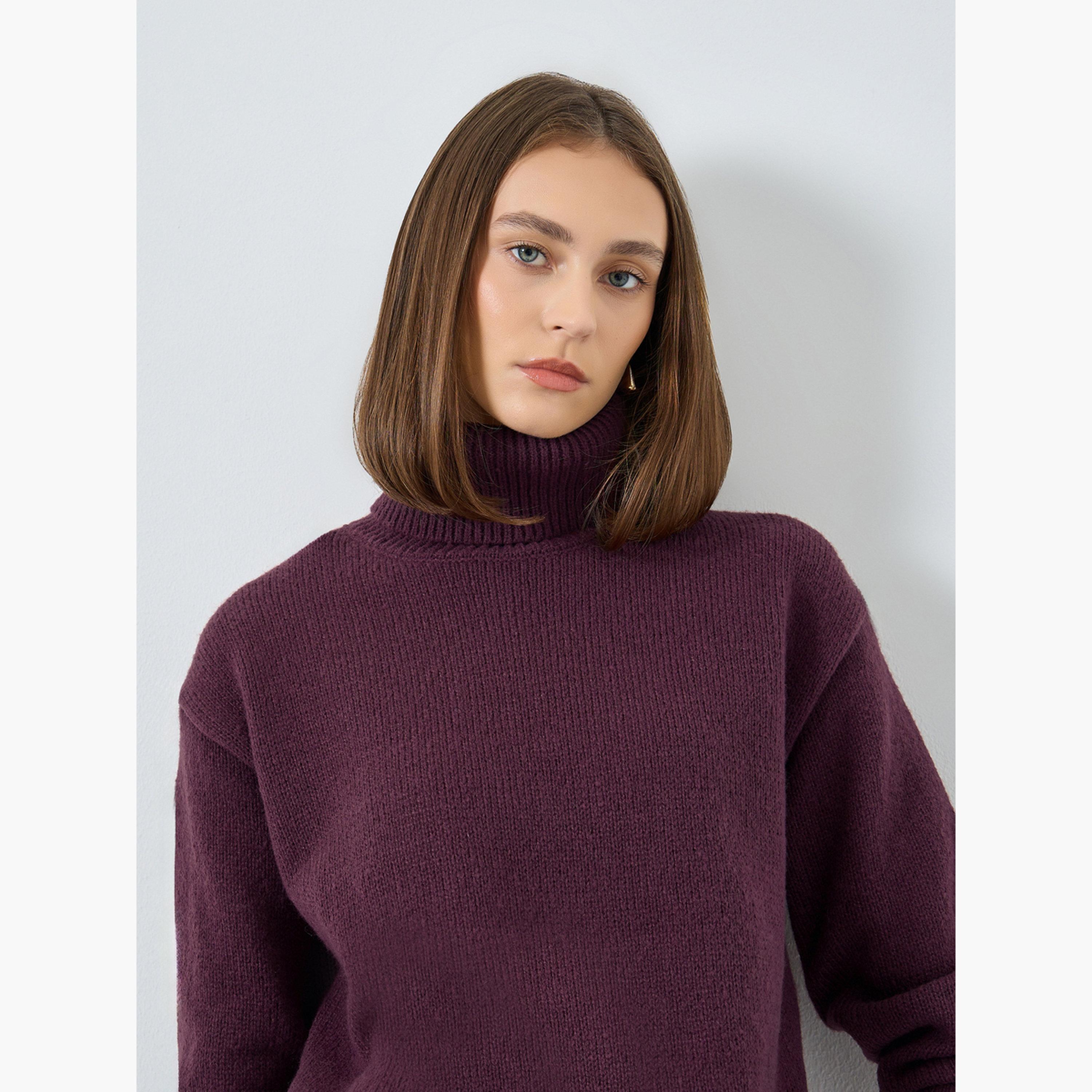 Styli Burgundy Textured Oversized Turtle Neck Long Sleeves Women's Sweater-women-winterwear-cardigansandjumpers-jumpers-image-3